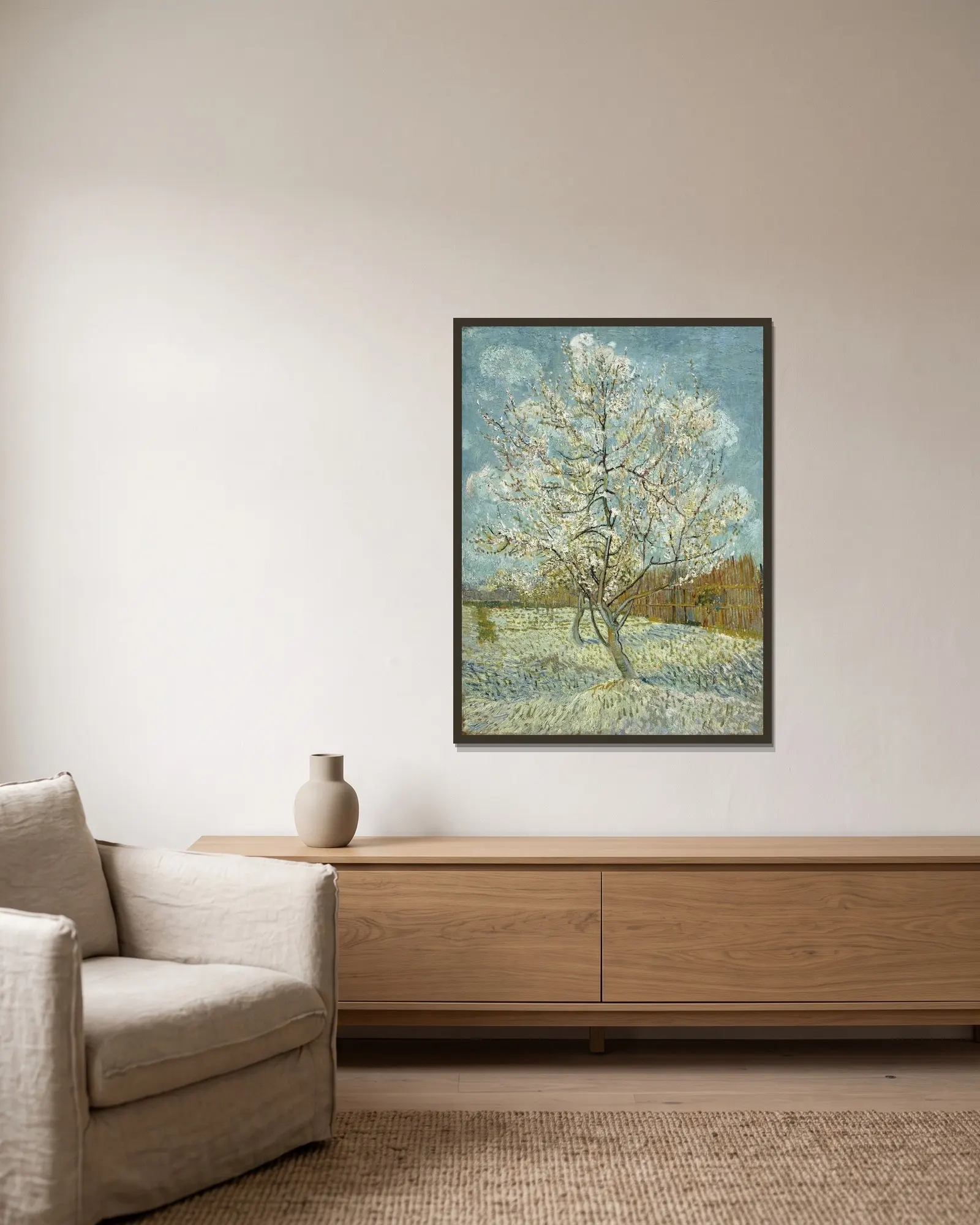 The pink peach tree av Vincent van Gogh inramad på en vägg