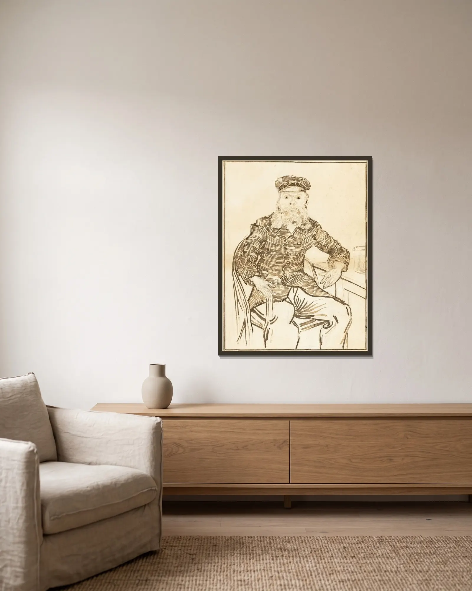 The Postman Joseph Roulin av Vincent van Gogh inramad på en vägg