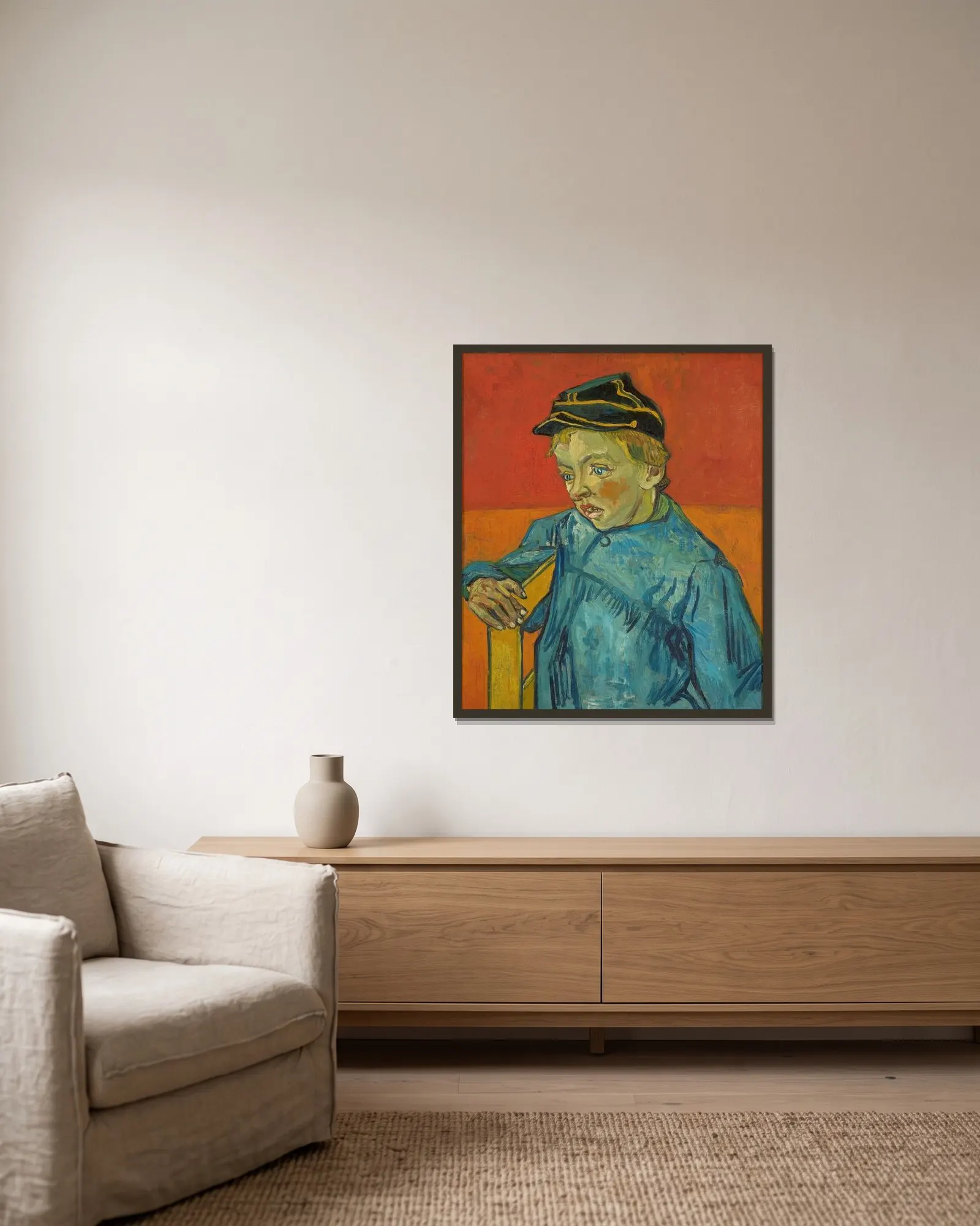 The Schoolboy (Camille Roulin) av Vincent van Gogh inramad på en vägg