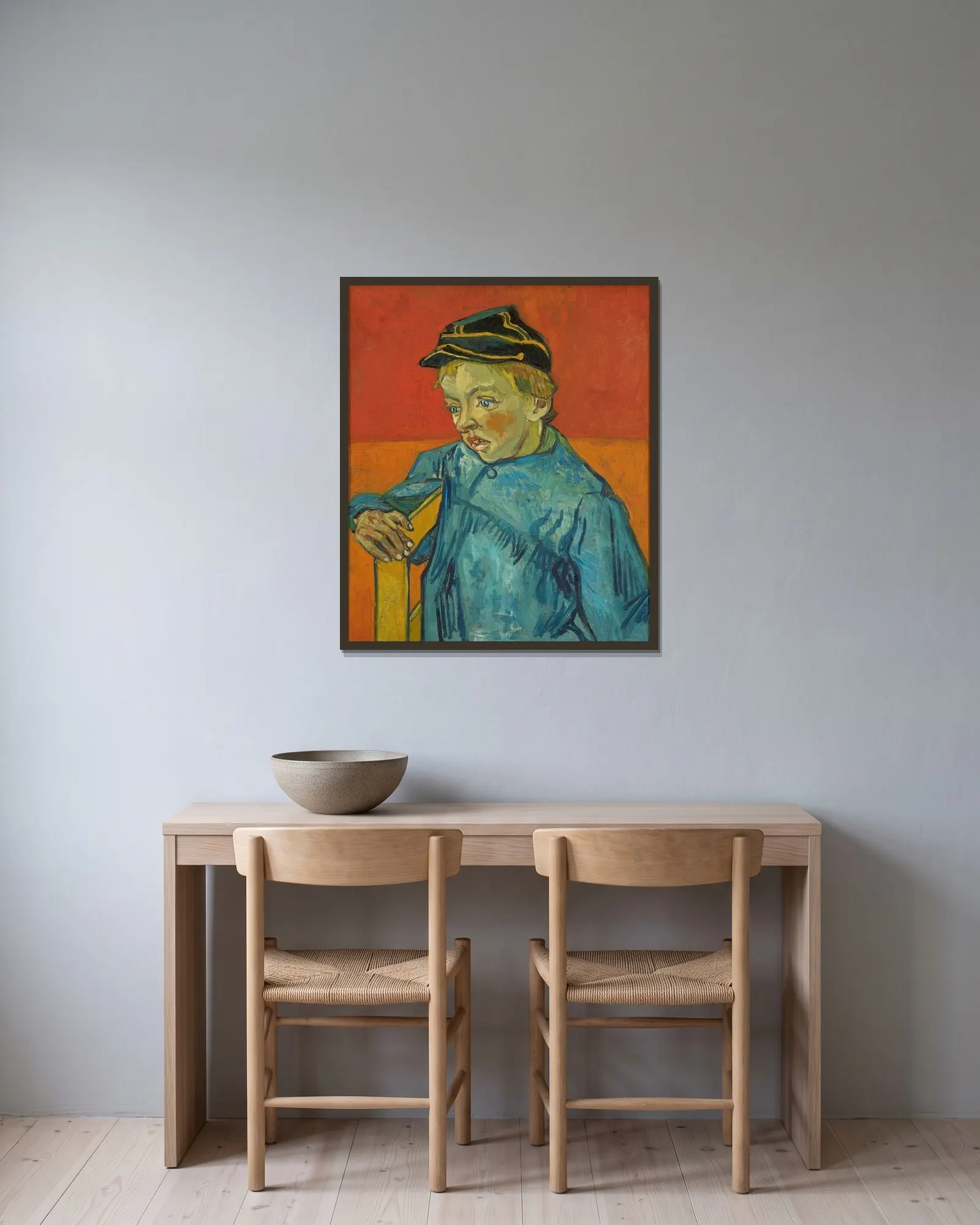 The Schoolboy (Camille Roulin) av Vincent van Gogh inramad på en vägg