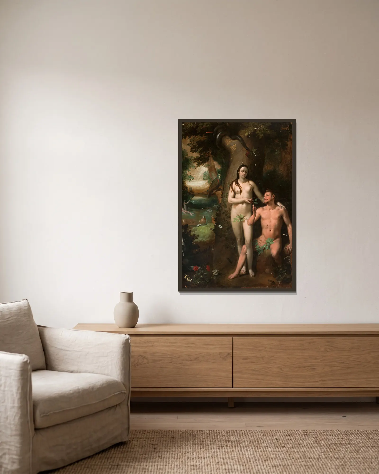 Adam and Eve av Cornelis Cornelisz Van Haarlem inramad på en vägg