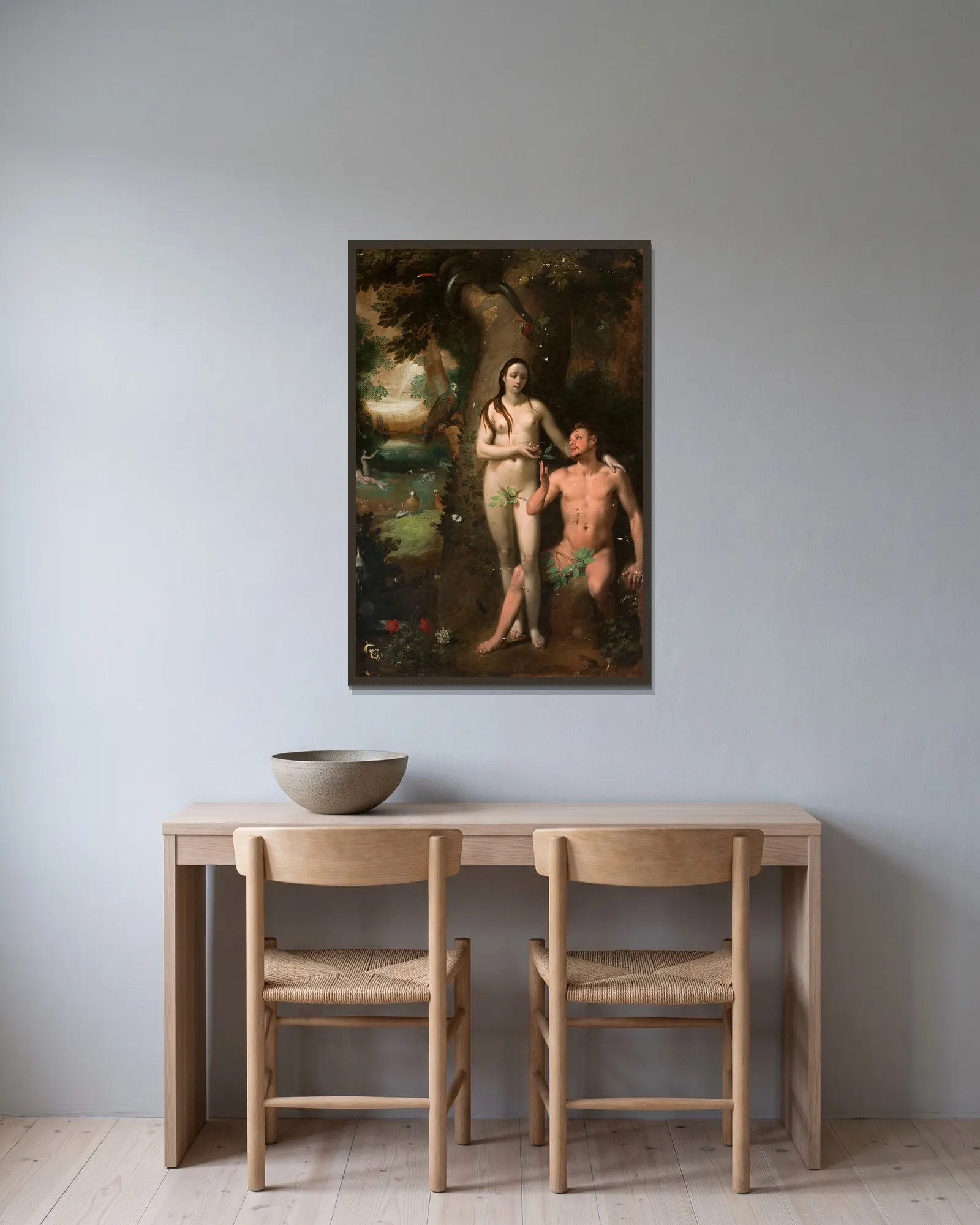 Adam and Eve av Cornelis Cornelisz Van Haarlem inramad på en vägg