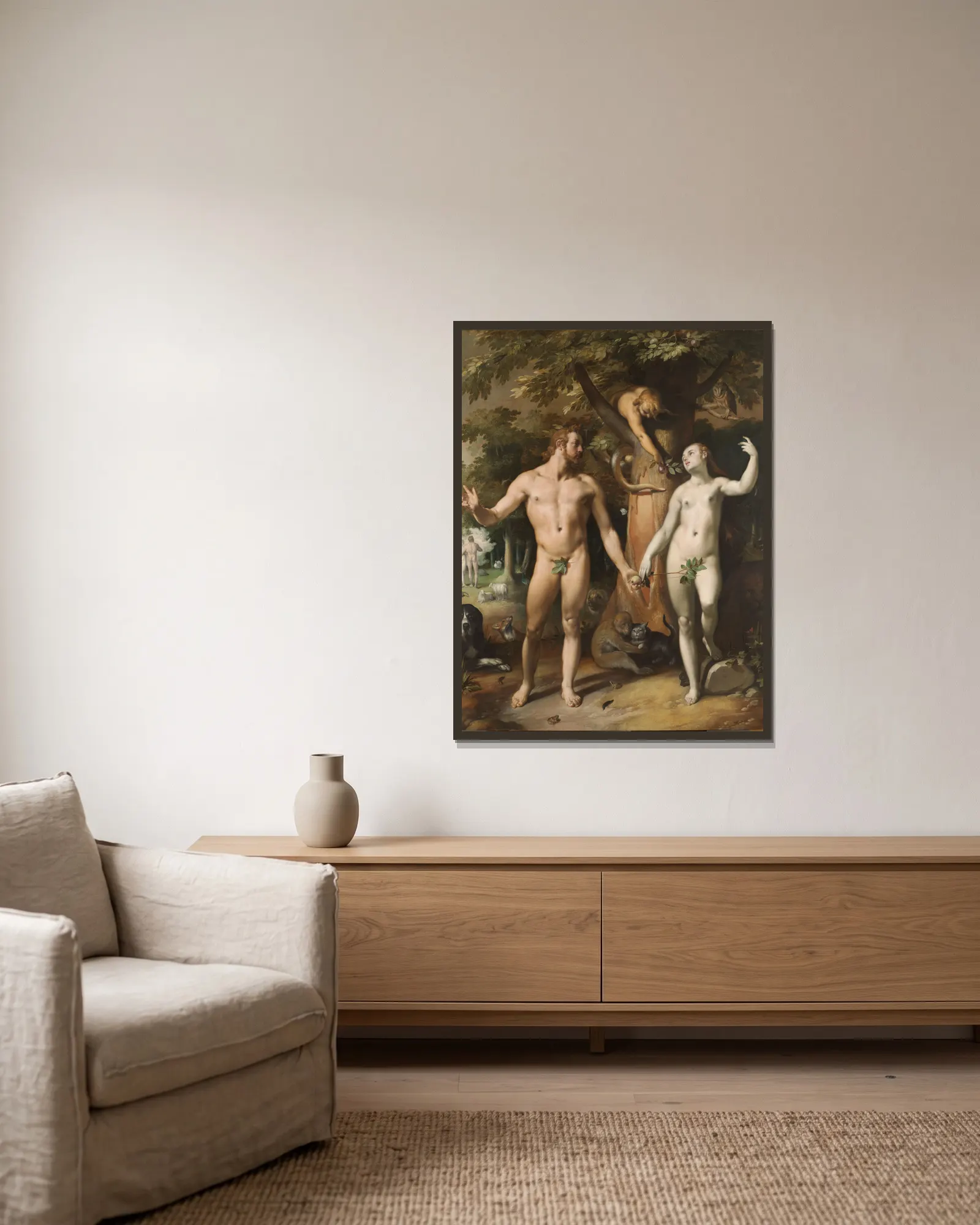 The Fall of Man av Cornelis Cornelisz Van Haarlem inramad på en vägg