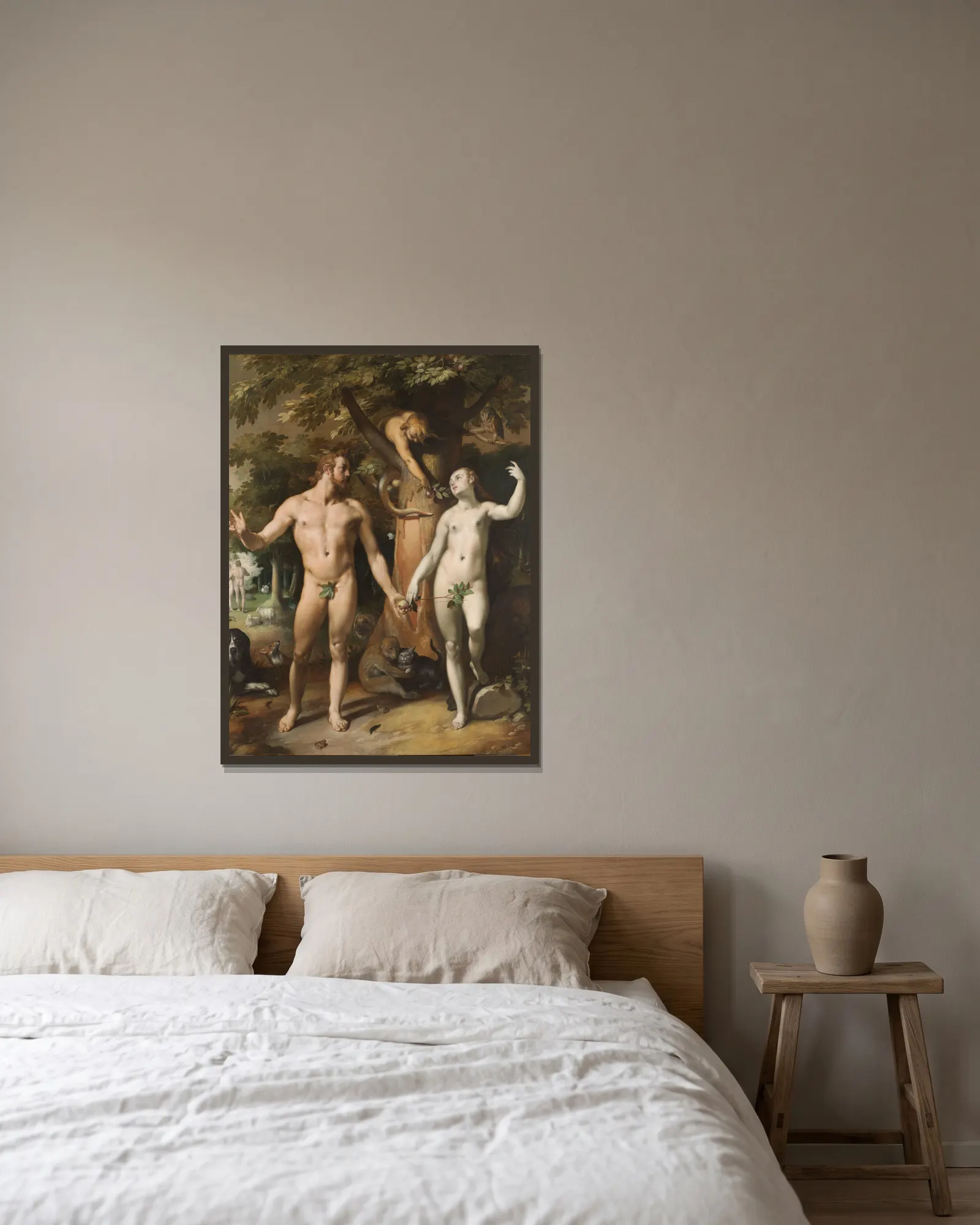The Fall of Man av Cornelis Cornelisz Van Haarlem inramad på en vägg