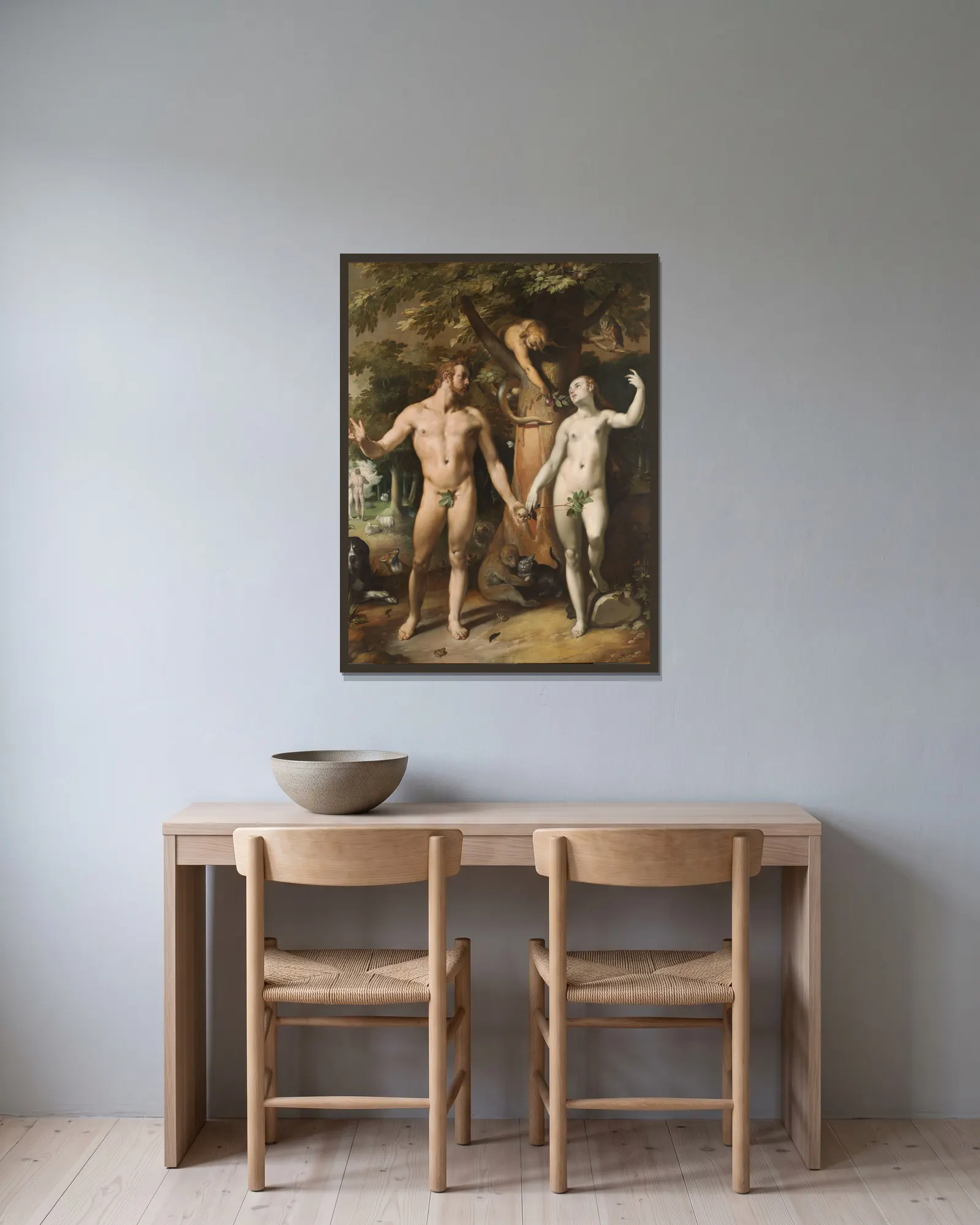 The Fall of Man av Cornelis Cornelisz Van Haarlem inramad på en vägg
