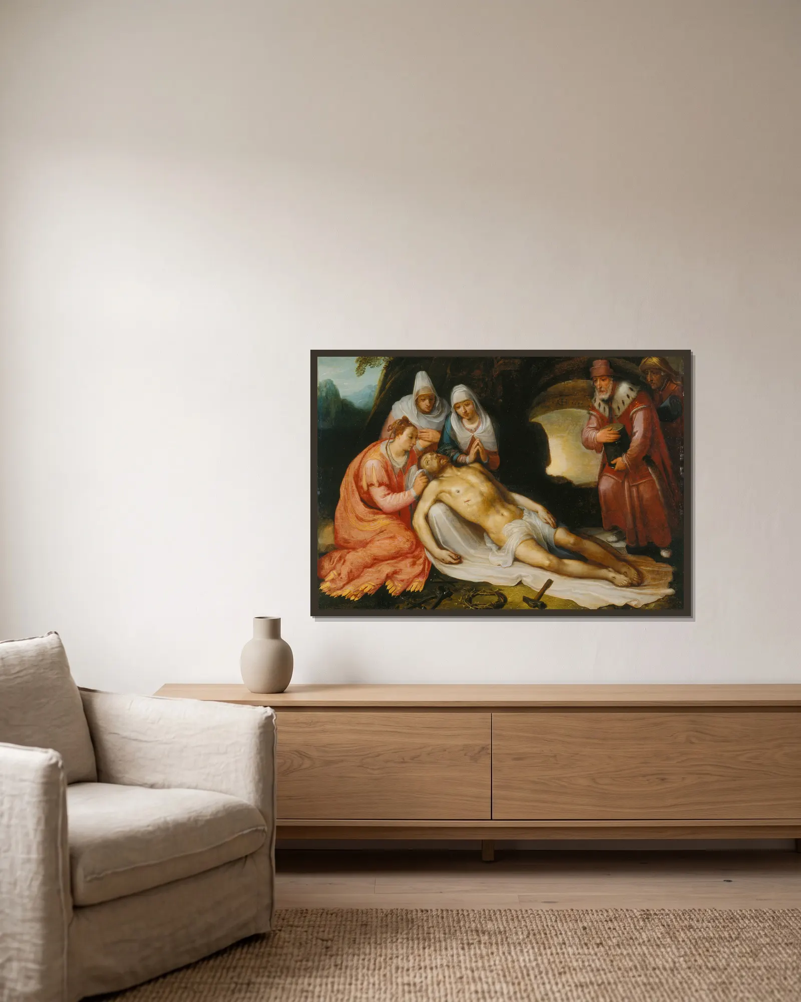 The Lamentation av Cornelis Cornelisz Van Haarlem inramad på en vägg