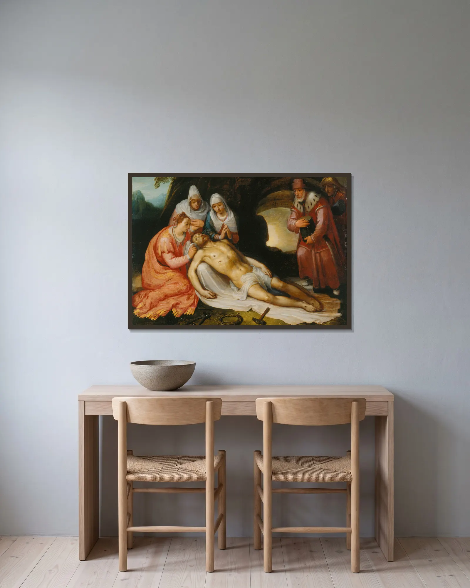 The Lamentation av Cornelis Cornelisz Van Haarlem inramad på en vägg