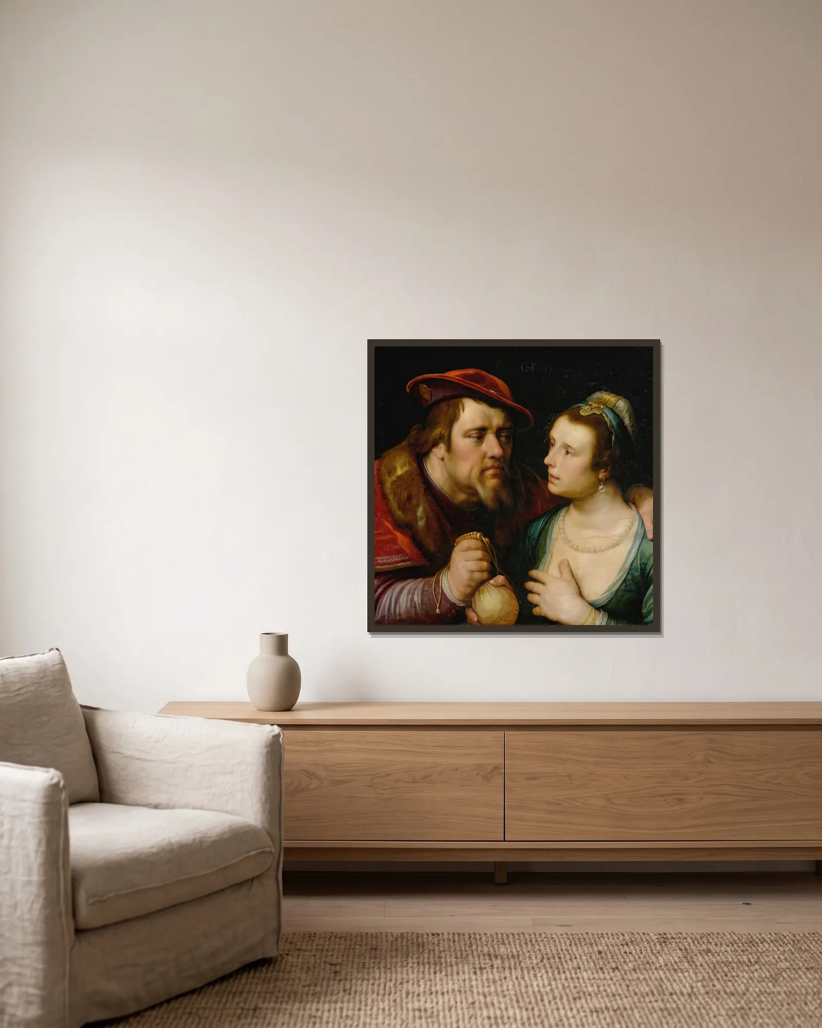 The Unequal Lovers av Cornelis Cornelisz Van Haarlem inramad på en vägg