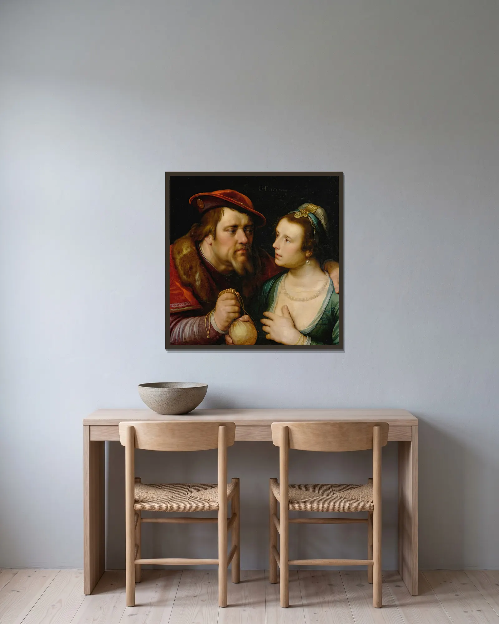 The Unequal Lovers av Cornelis Cornelisz Van Haarlem inramad på en vägg