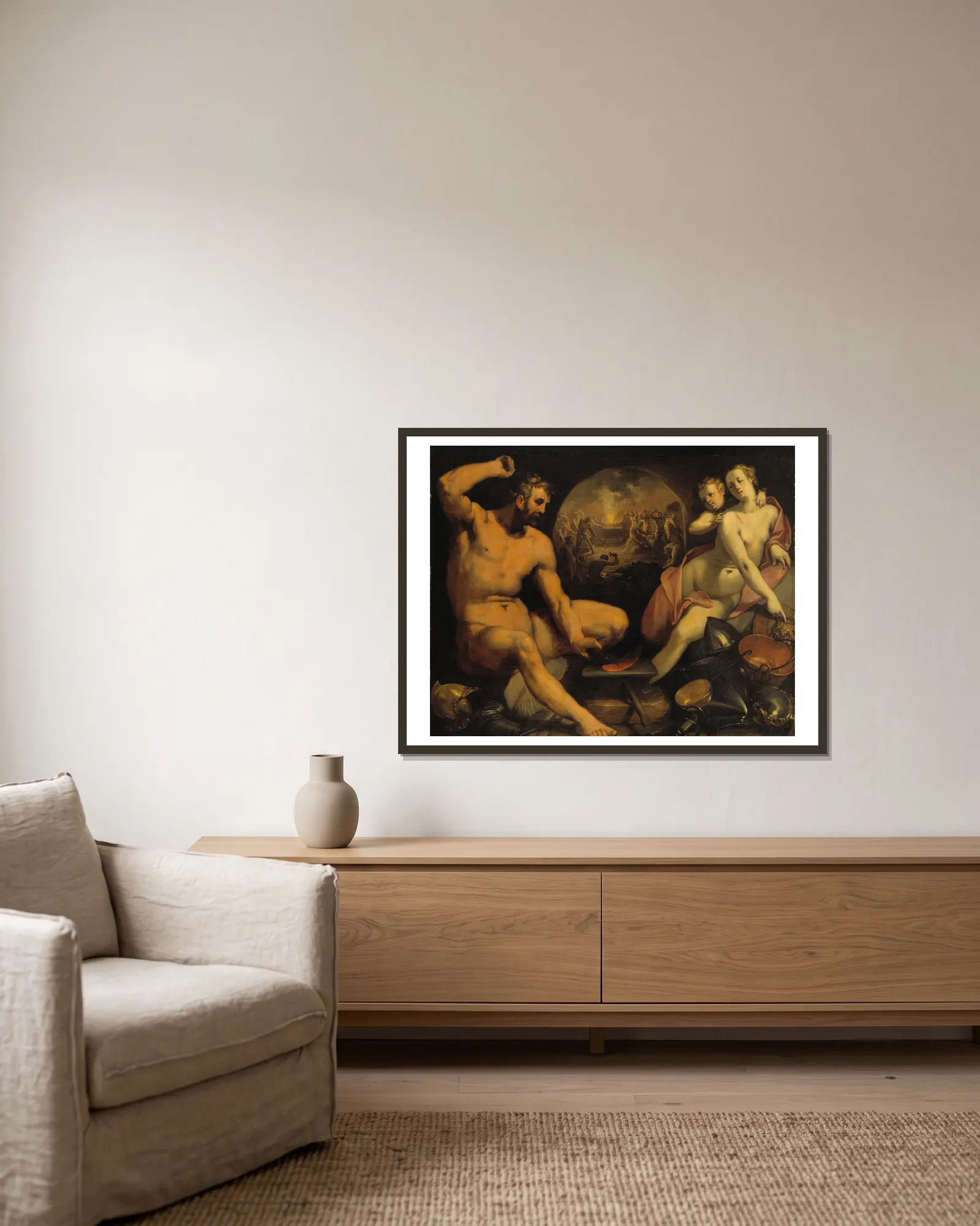 Venus and Vulcan av Cornelis Cornelisz Van Haarlem inramad på en vägg