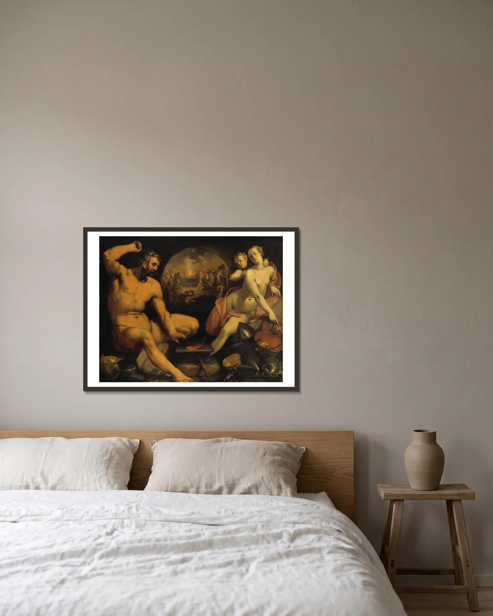 Venus and Vulcan av Cornelis Cornelisz Van Haarlem inramad på en vägg