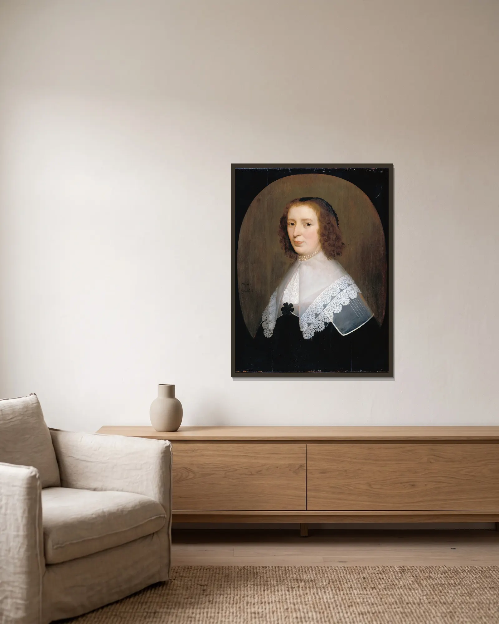 Anna van den Corput av Gerard van Honthorst inramad på en vägg