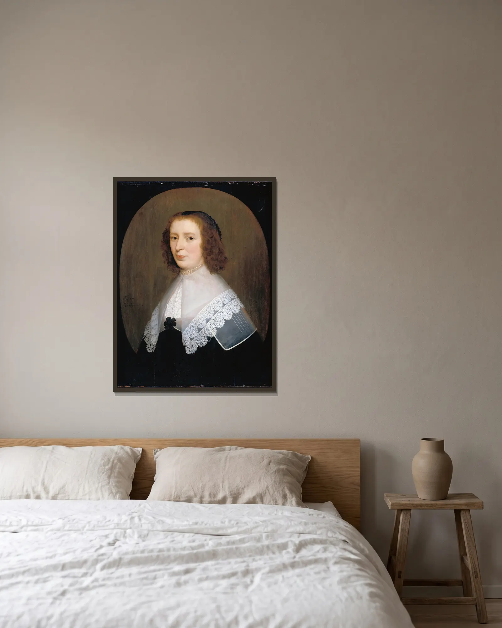 Anna van den Corput av Gerard van Honthorst inramad på en vägg