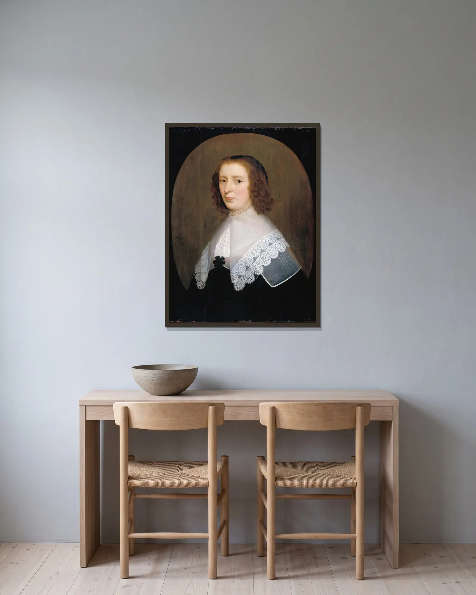 Anna van den Corput av Gerard van Honthorst inramad på en vägg