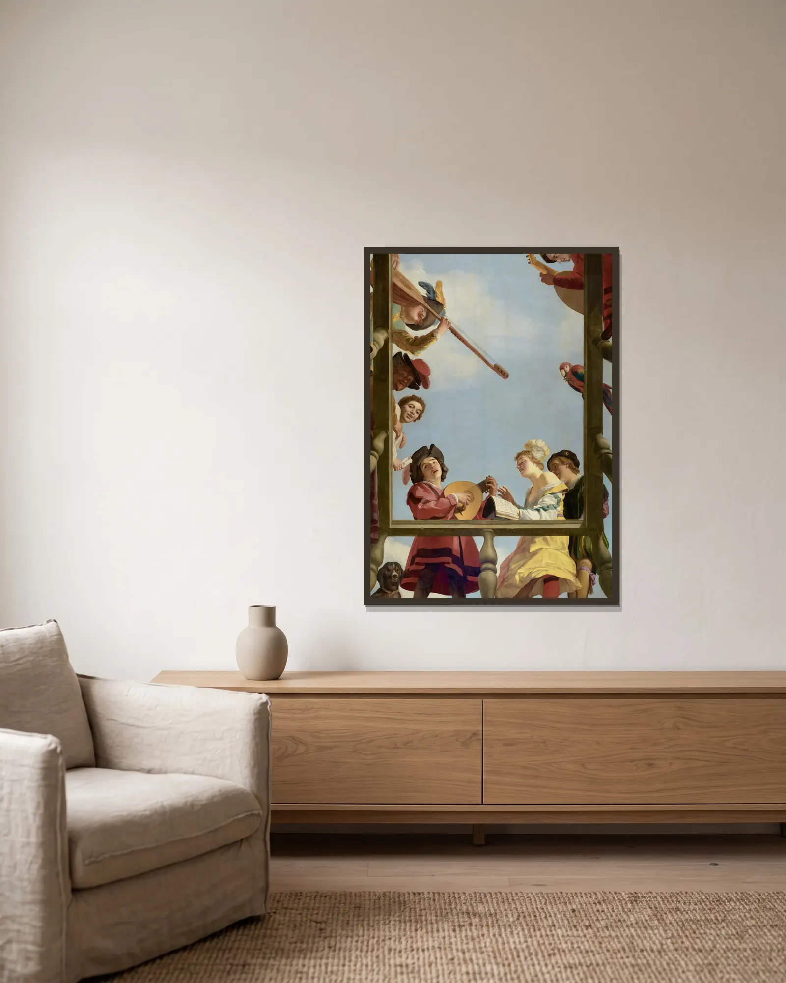 Musical Group on a Balcony av Gerard van Honthorst inramad på en vägg