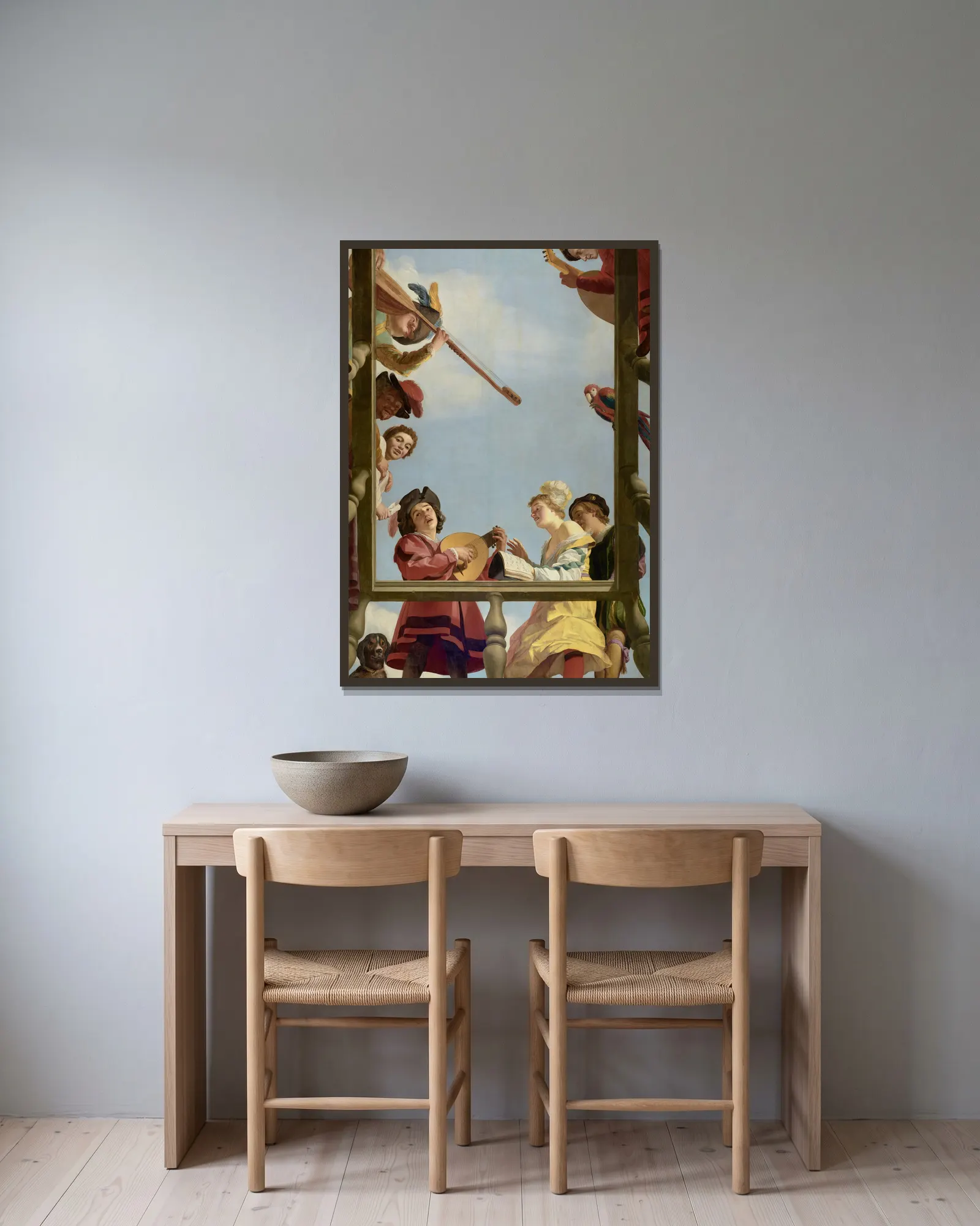 Musical Group on a Balcony av Gerard van Honthorst inramad på en vägg
