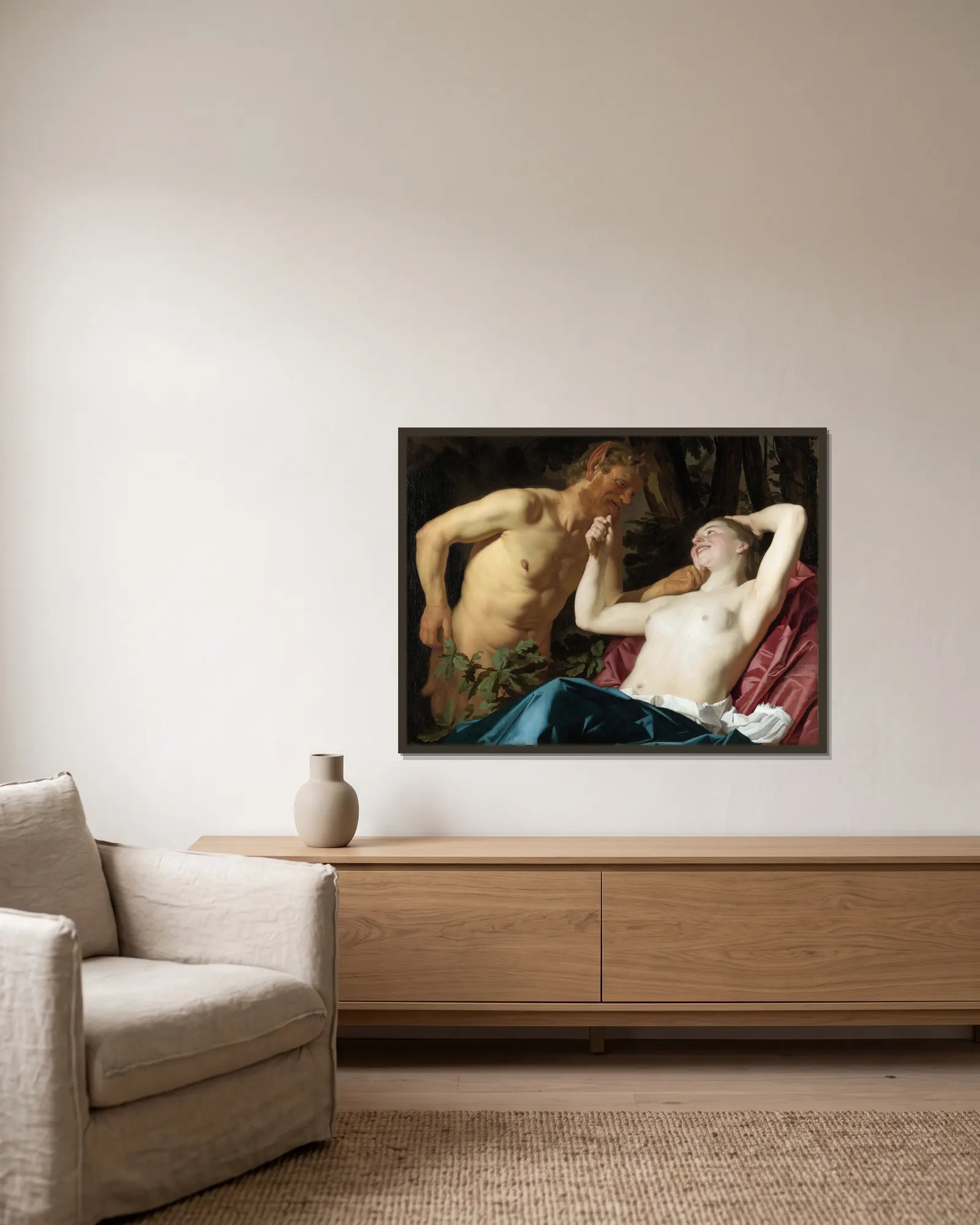 Satyr and Nymph av Gerard van Honthorst inramad på en vägg