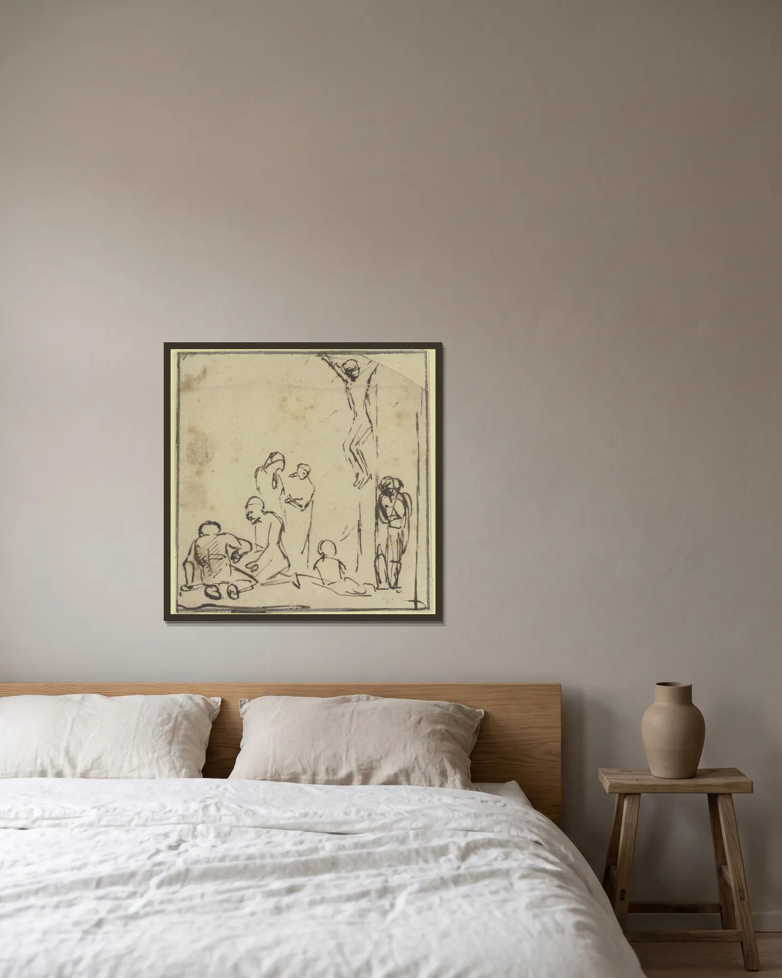 Crucifixion av Samuel van Hoogstraten inramad på en vägg
