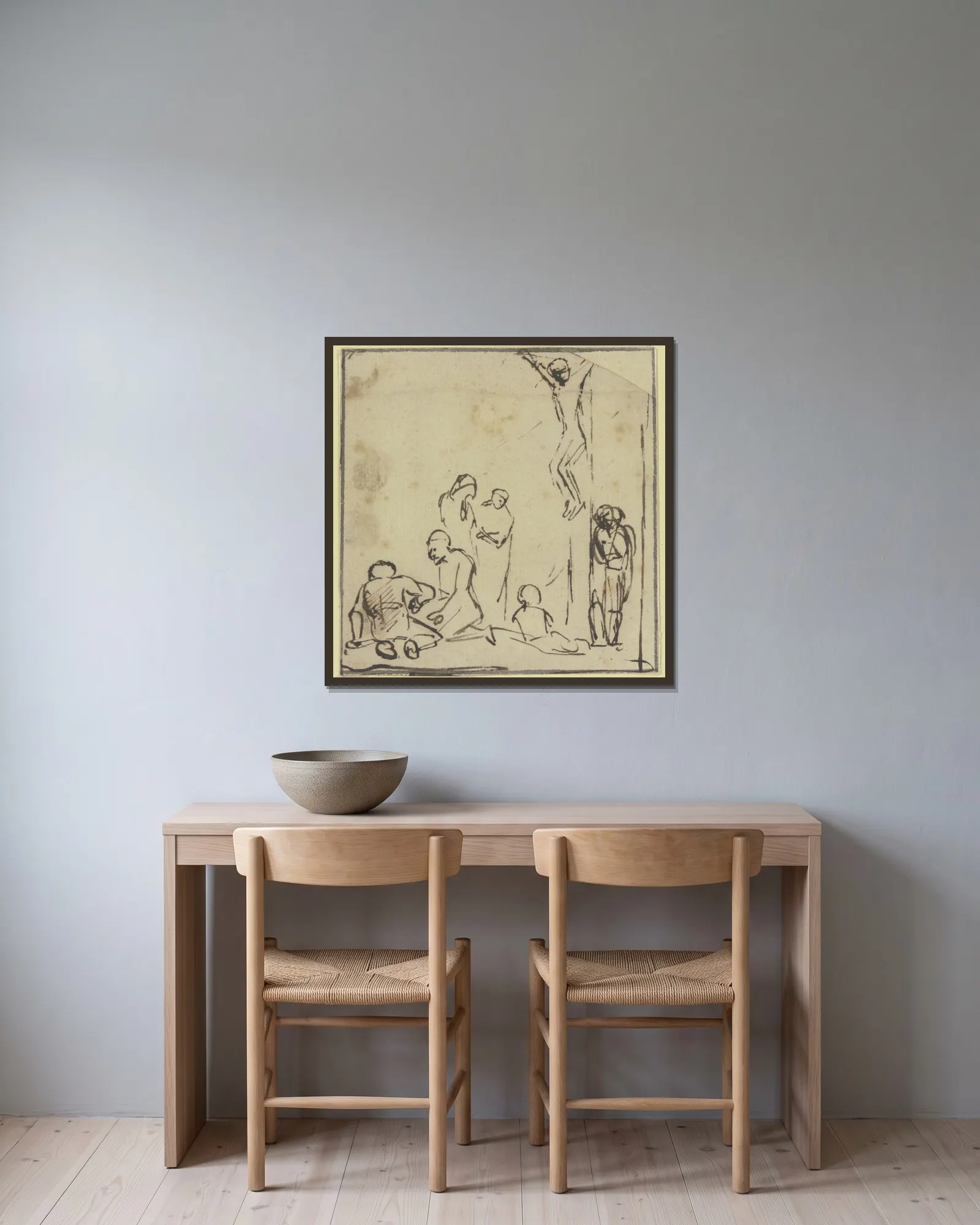Crucifixion av Samuel van Hoogstraten inramad på en vägg
