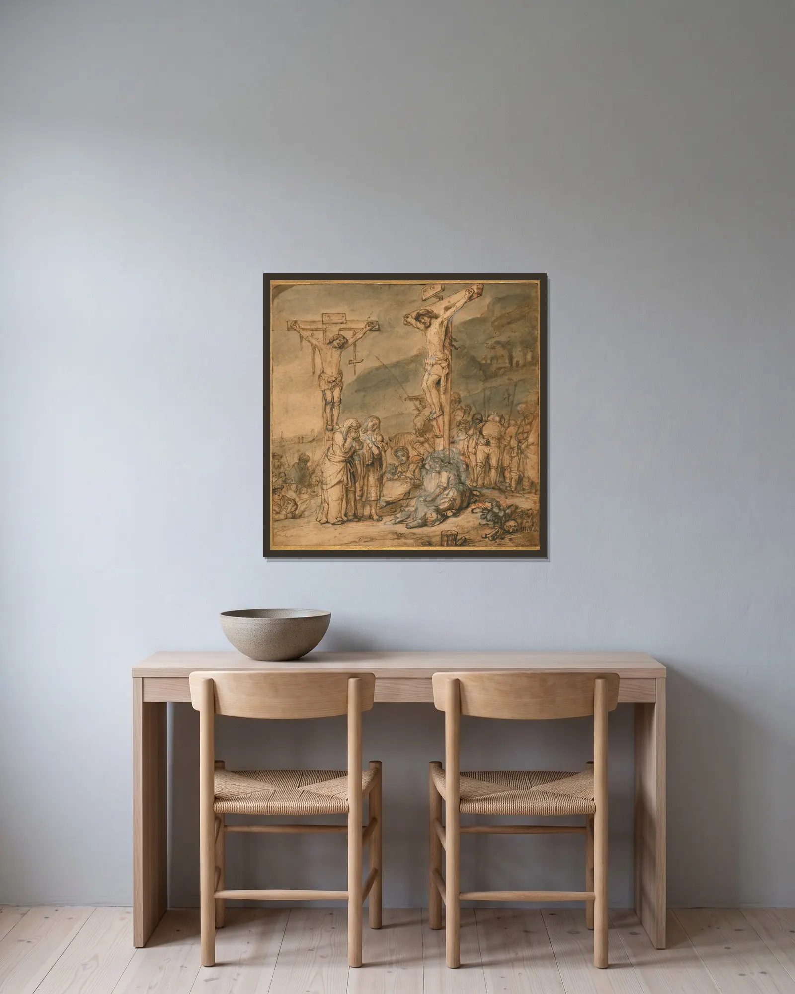 The Crucifixion av Samuel van Hoogstraten inramad på en vägg