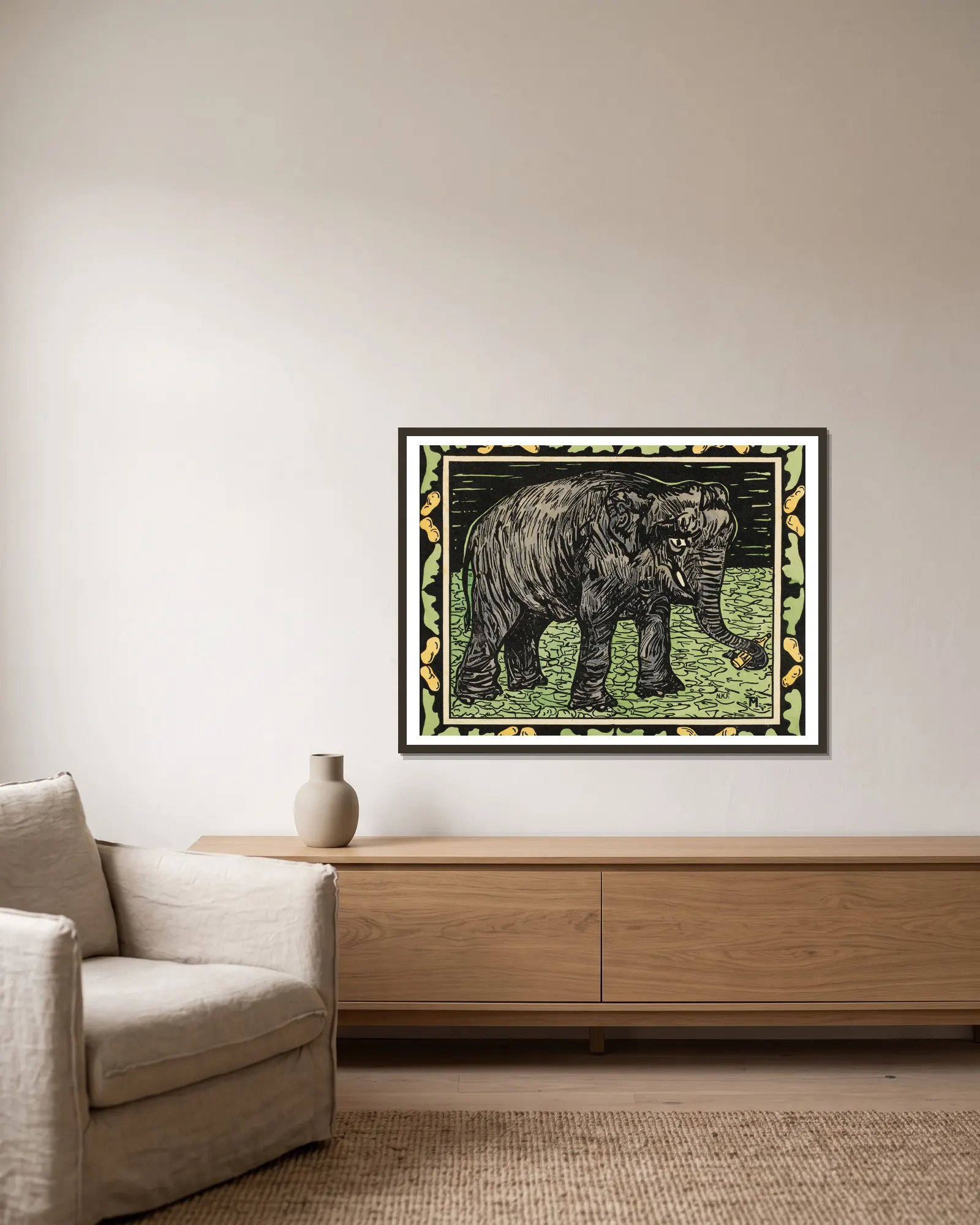 Elephant With Bottle av Theo van Hoytema inramad på en vägg