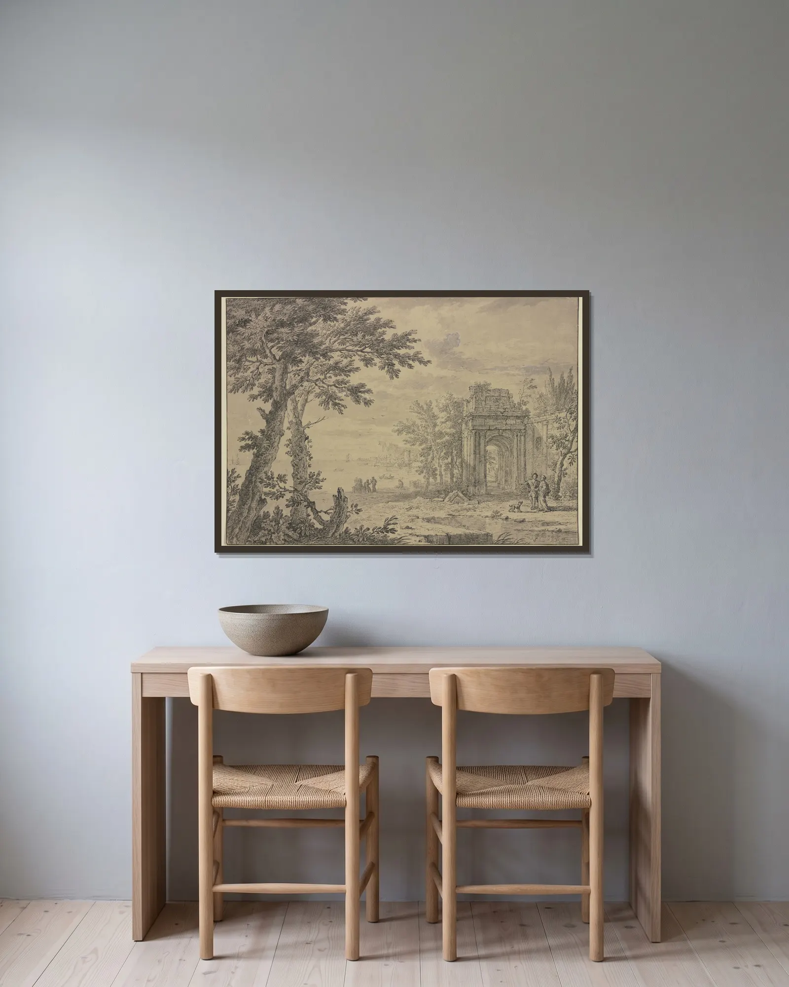 Landschaft mit einem Triumphbogen av Jan van Huysum inramad på en vägg