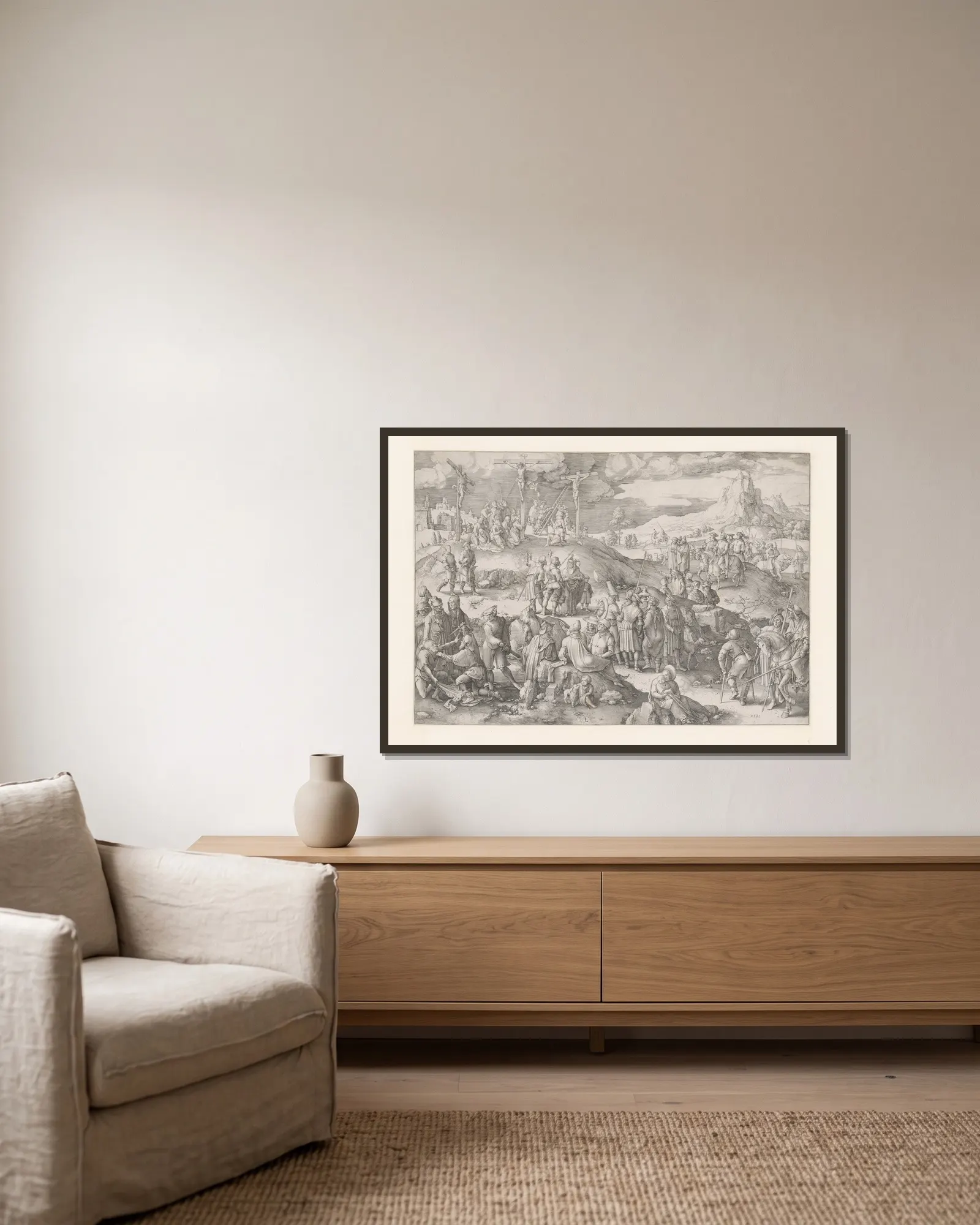 Golgotha av Lucas Van Leyden inramad på en vägg