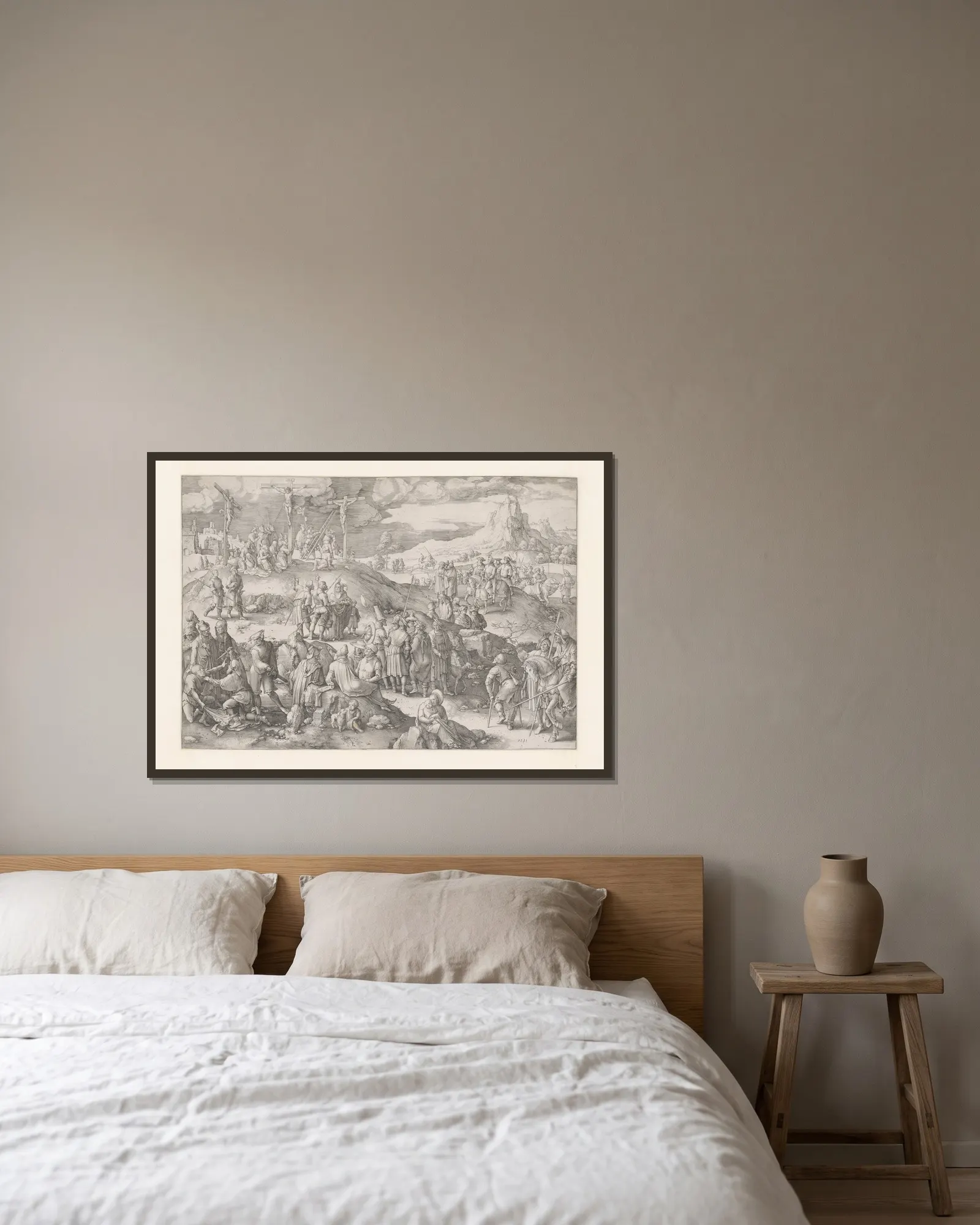 Golgotha av Lucas Van Leyden inramad på en vägg