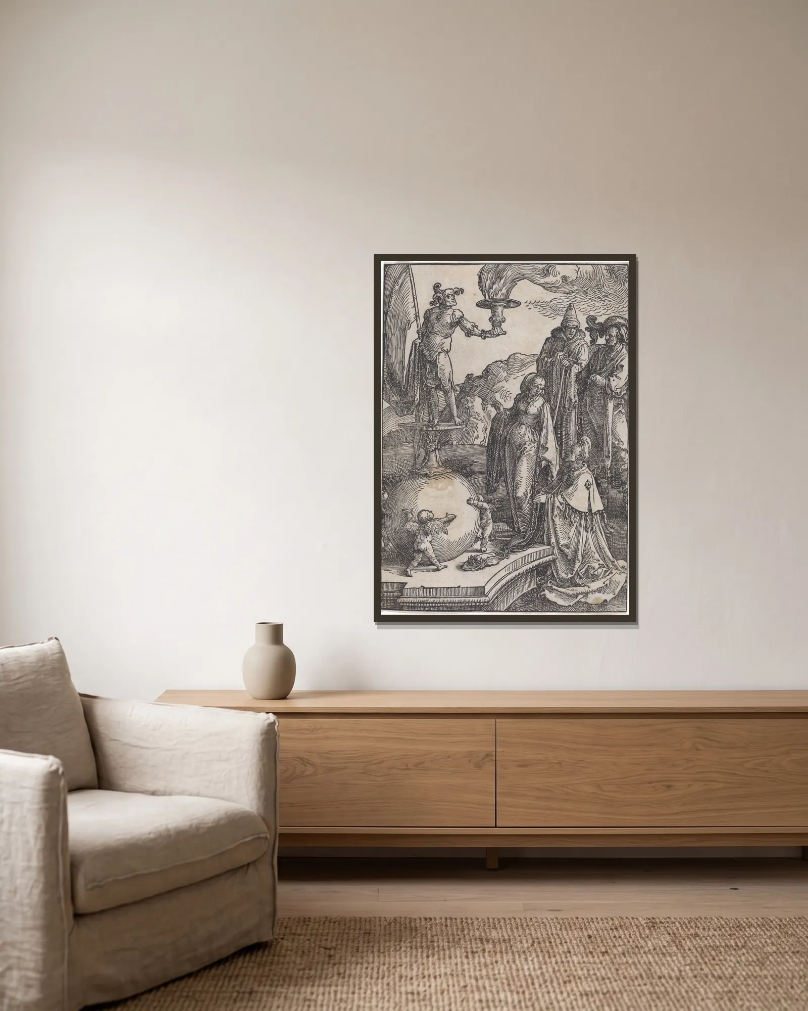 Solomon’s Idolatry av Lucas Van Leyden inramad på en vägg