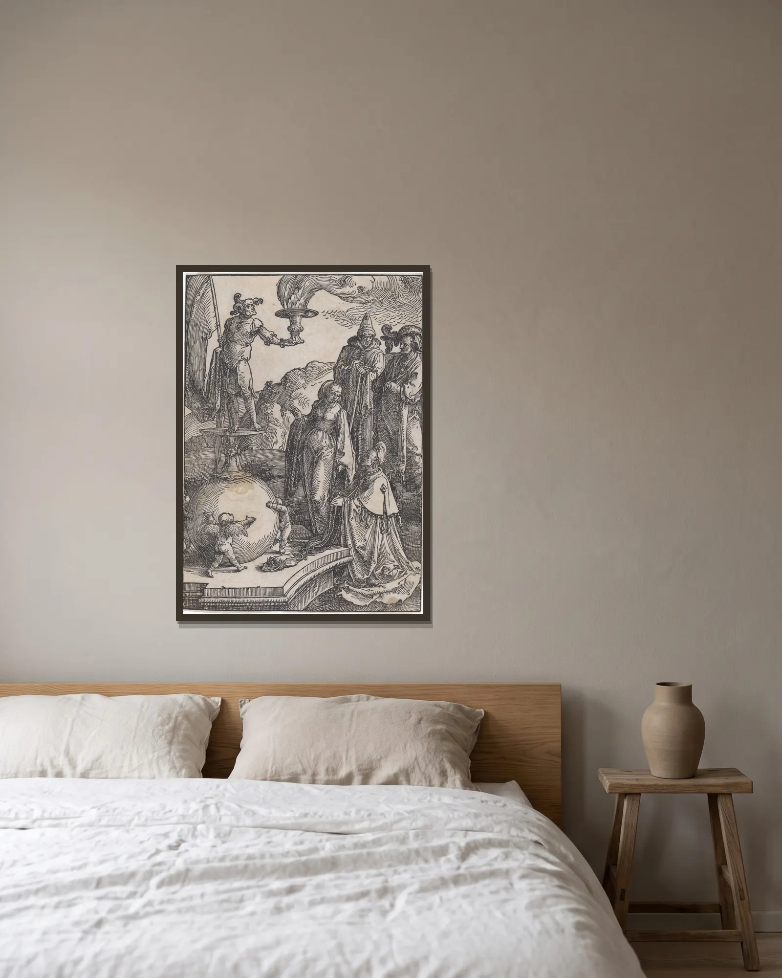 Solomon’s Idolatry av Lucas Van Leyden inramad på en vägg