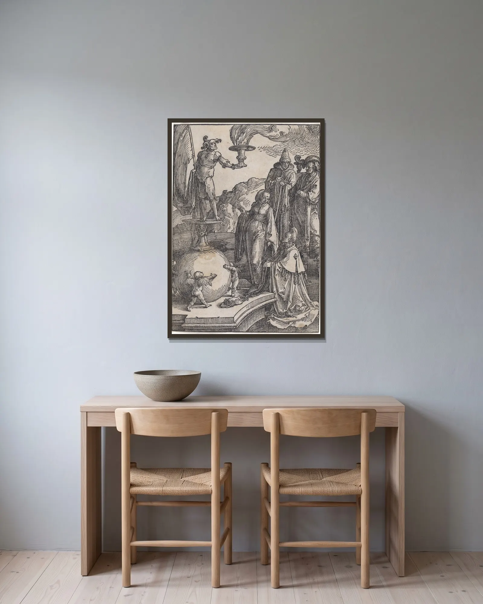 Solomon’s Idolatry av Lucas Van Leyden inramad på en vägg