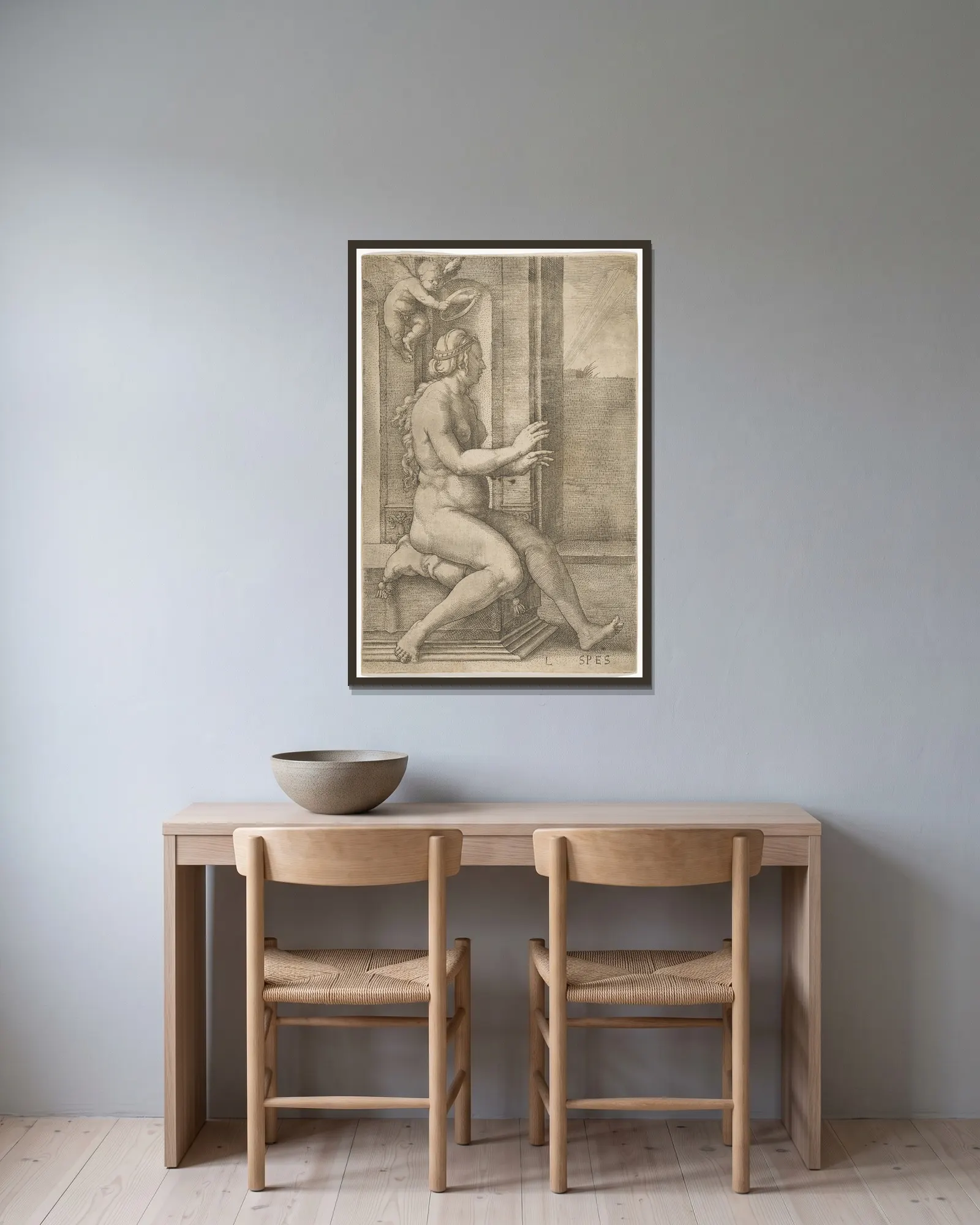 Spes av Lucas Van Leyden inramad på en vägg