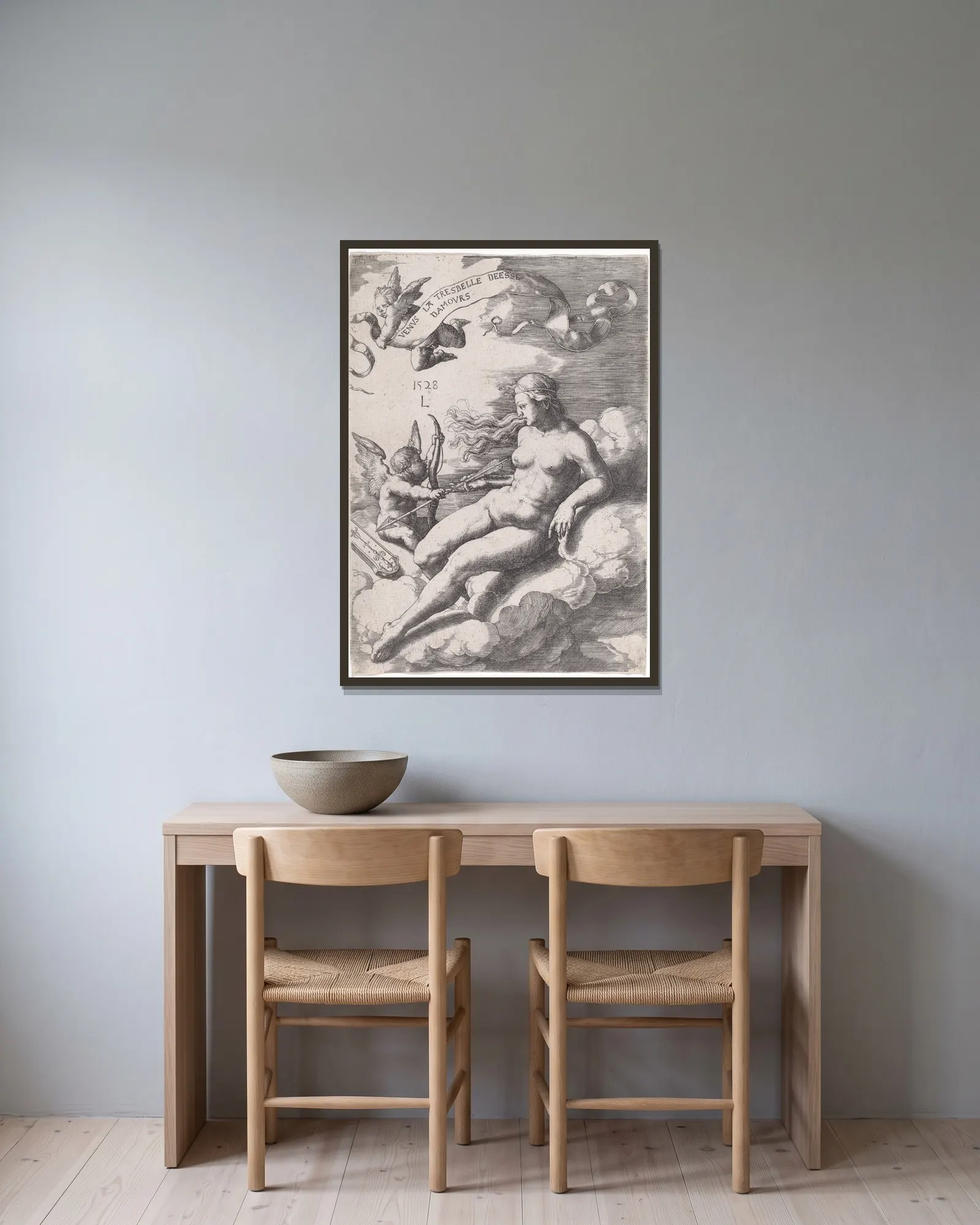 Venus and Cupid av Lucas Van Leyden inramad på en vägg