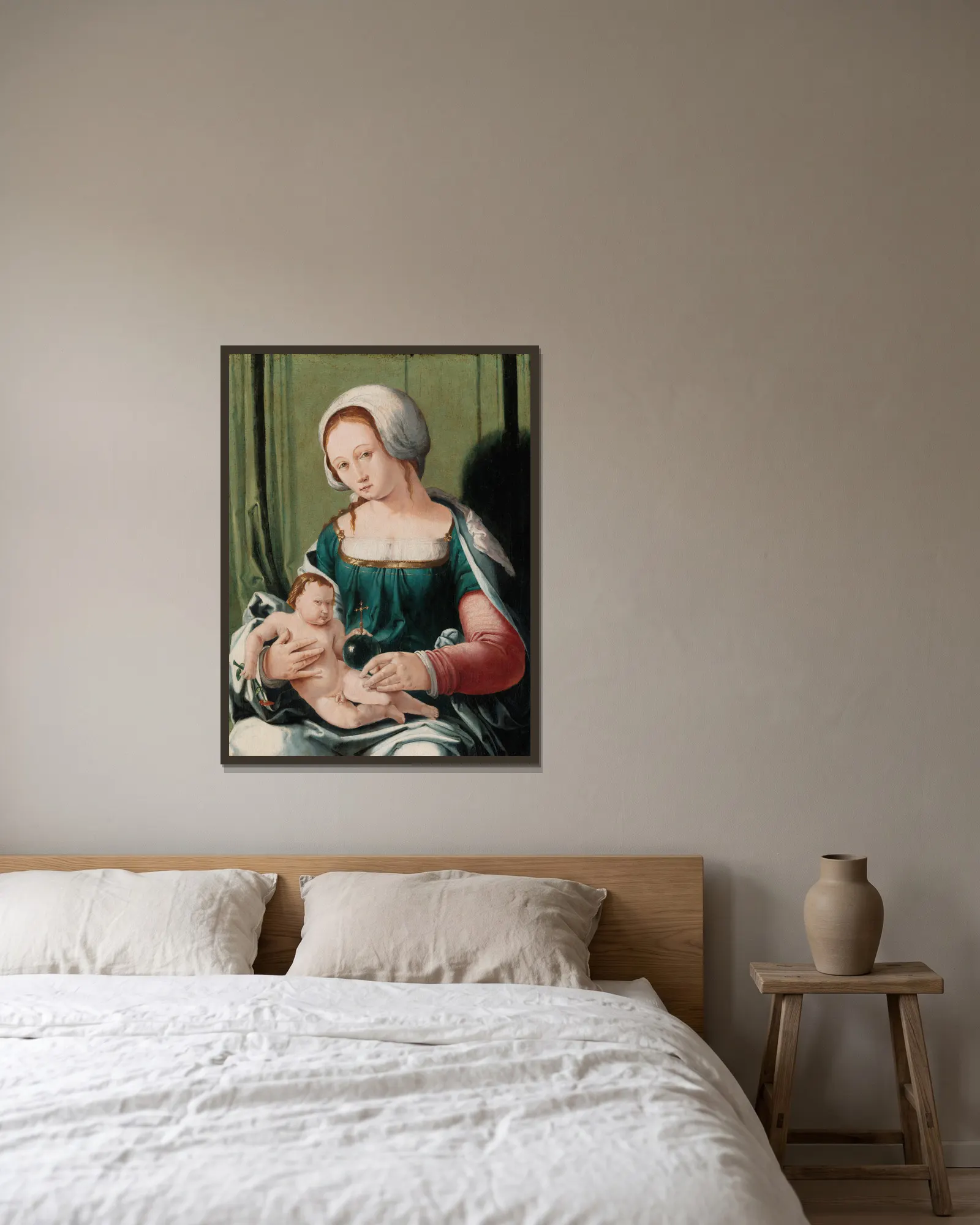 Virgin and Child av Lucas Van Leyden inramad på en vägg