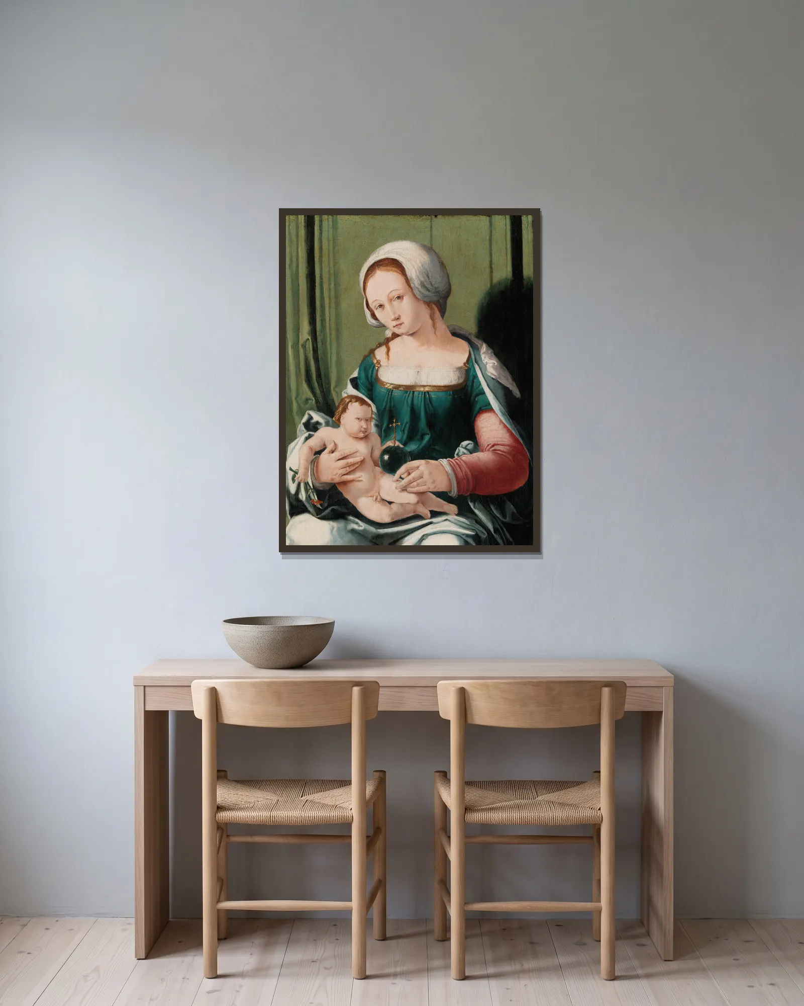 Virgin and Child av Lucas Van Leyden inramad på en vägg