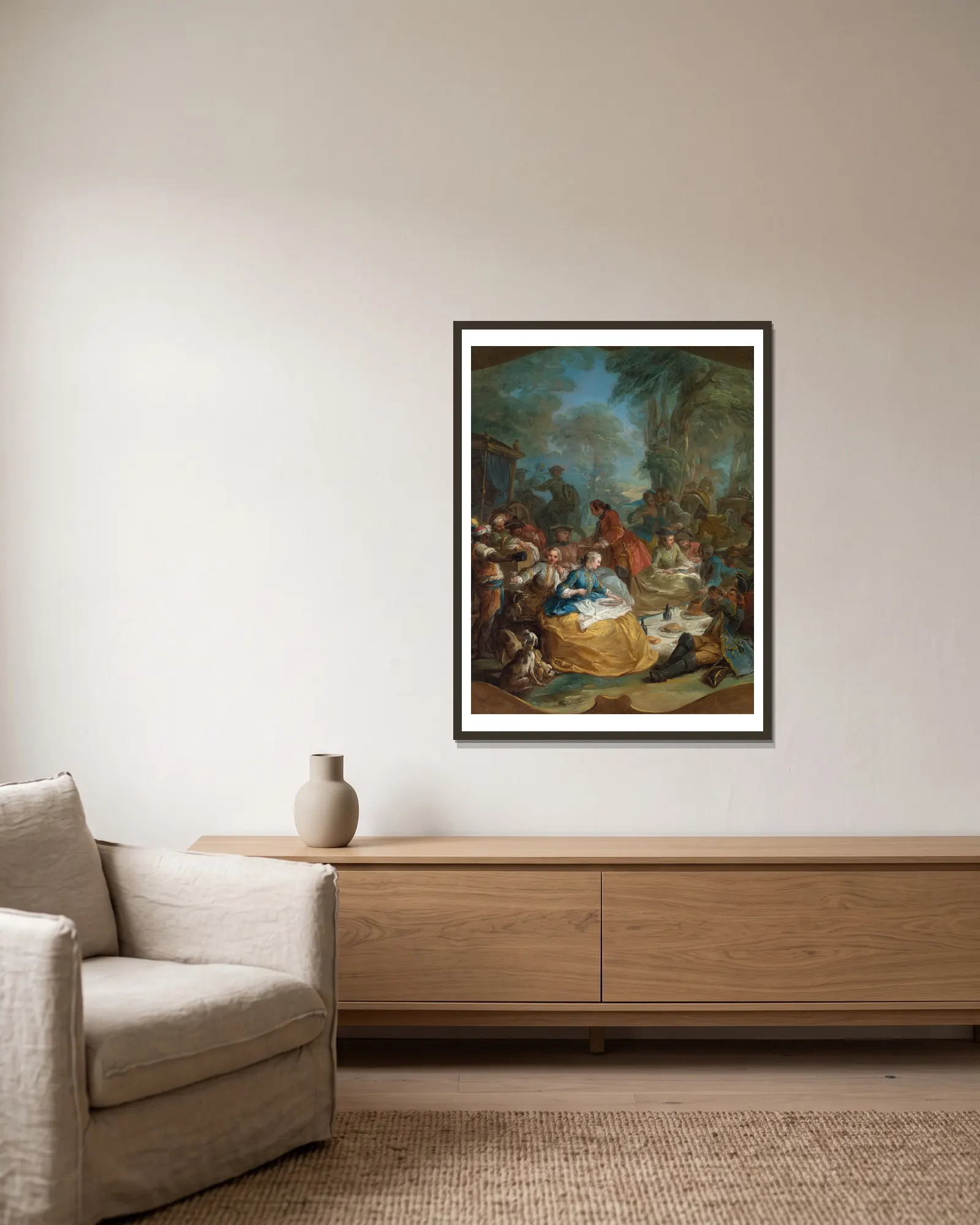 Halt of the Hunt av Charles-André van Loo inramad på en vägg