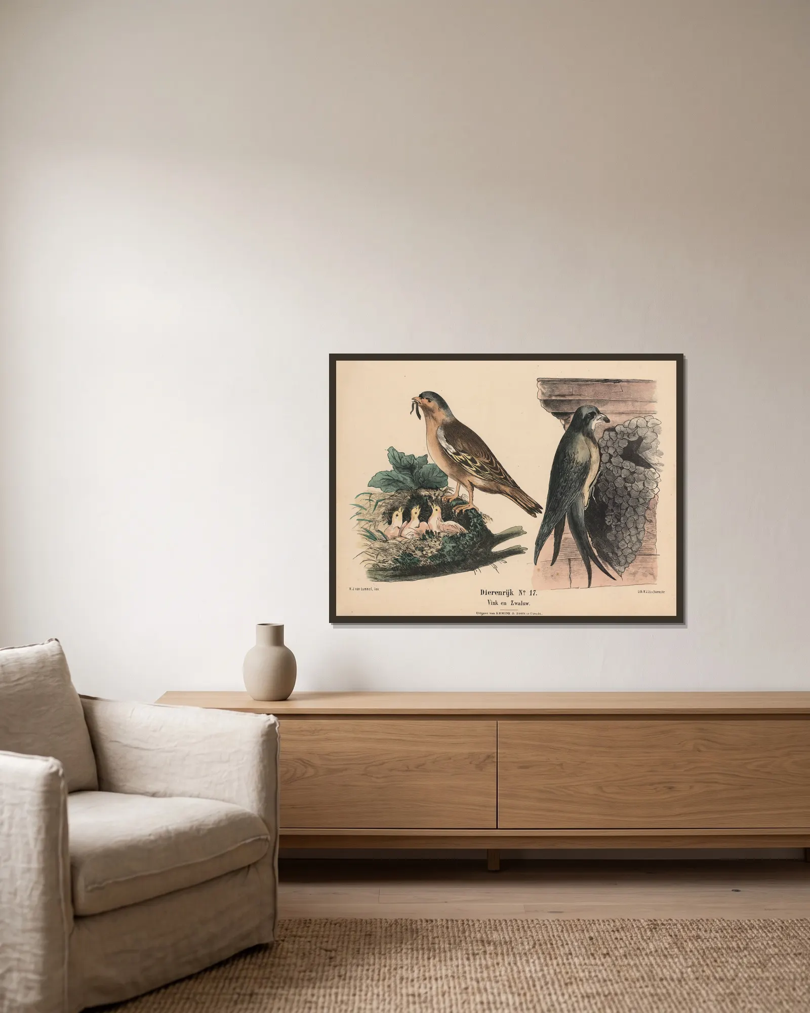 Vink en Zwaluw av Hendrik Jan van Lummel inramad på en vägg