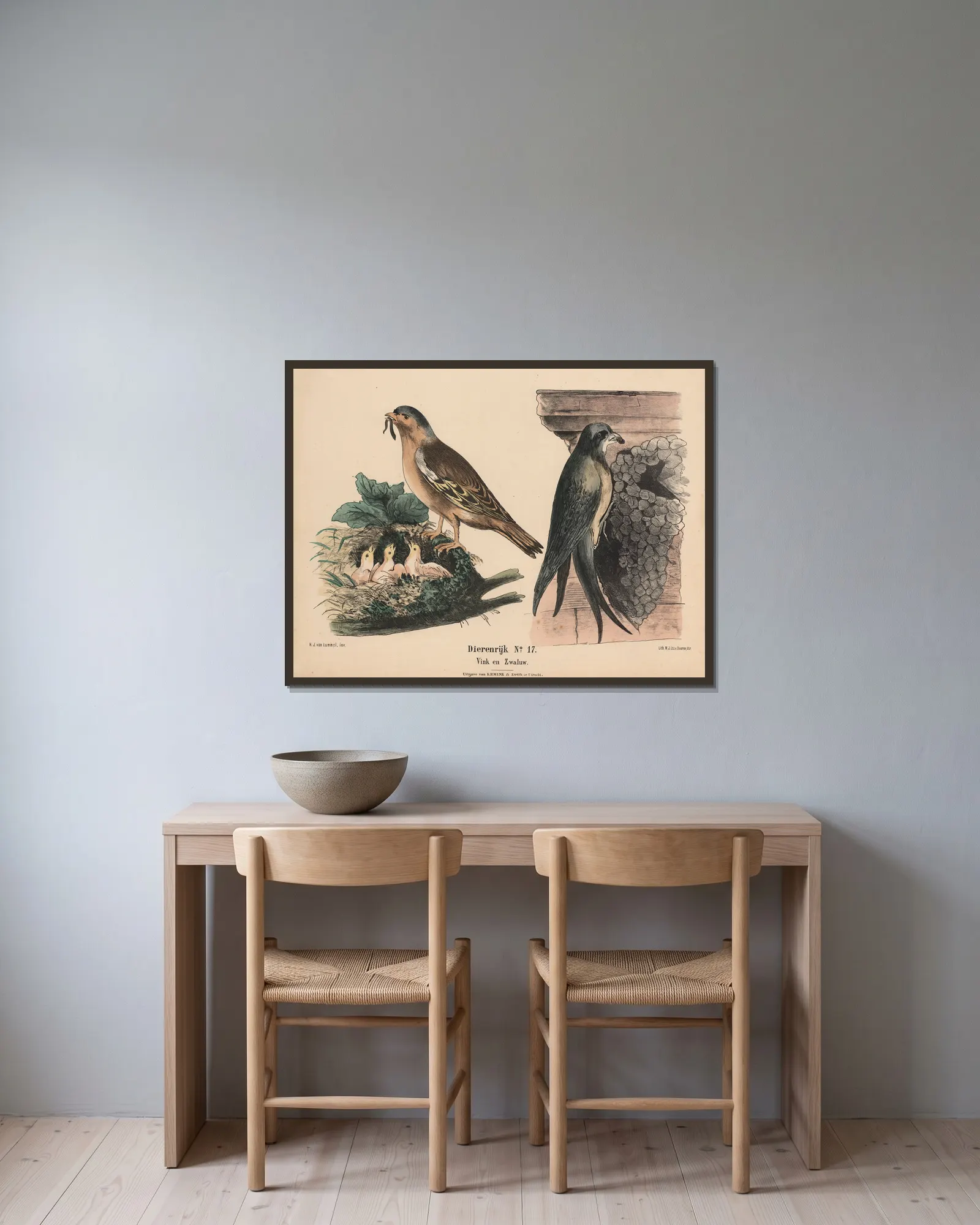 Vink en Zwaluw av Hendrik Jan van Lummel inramad på en vägg