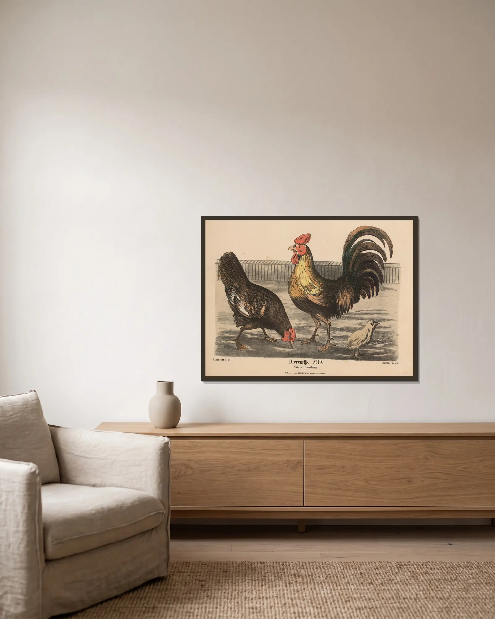 Vogels, Hoenderen av Hendrik Jan van Lummel inramad på en vägg