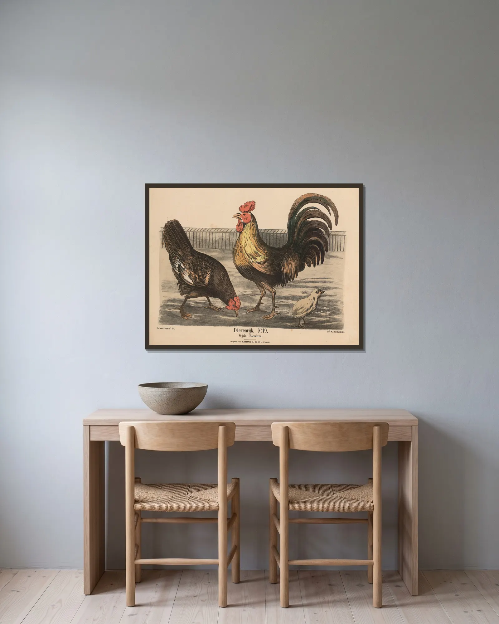 Vogels, Hoenderen av Hendrik Jan van Lummel inramad på en vägg