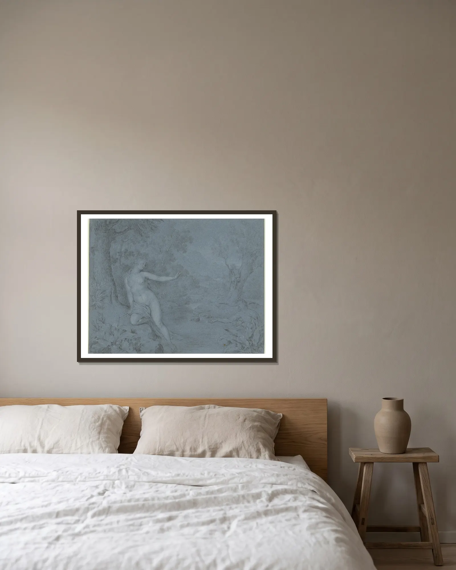 Landschaft mit Apollo und Daphne av Willem Van Mieris inramad på en vägg
