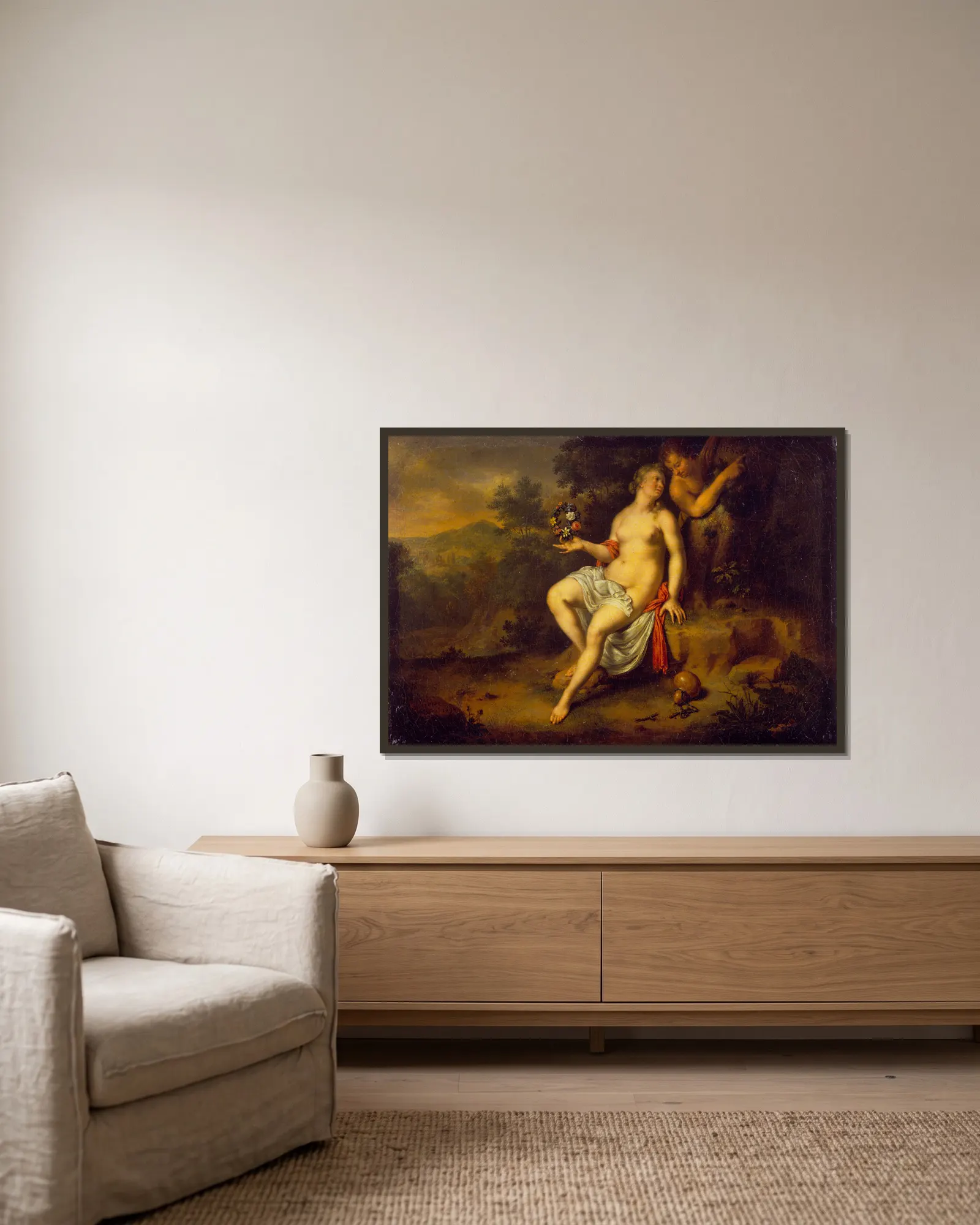 Paris and Oenone av Willem Van Mieris inramad på en vägg