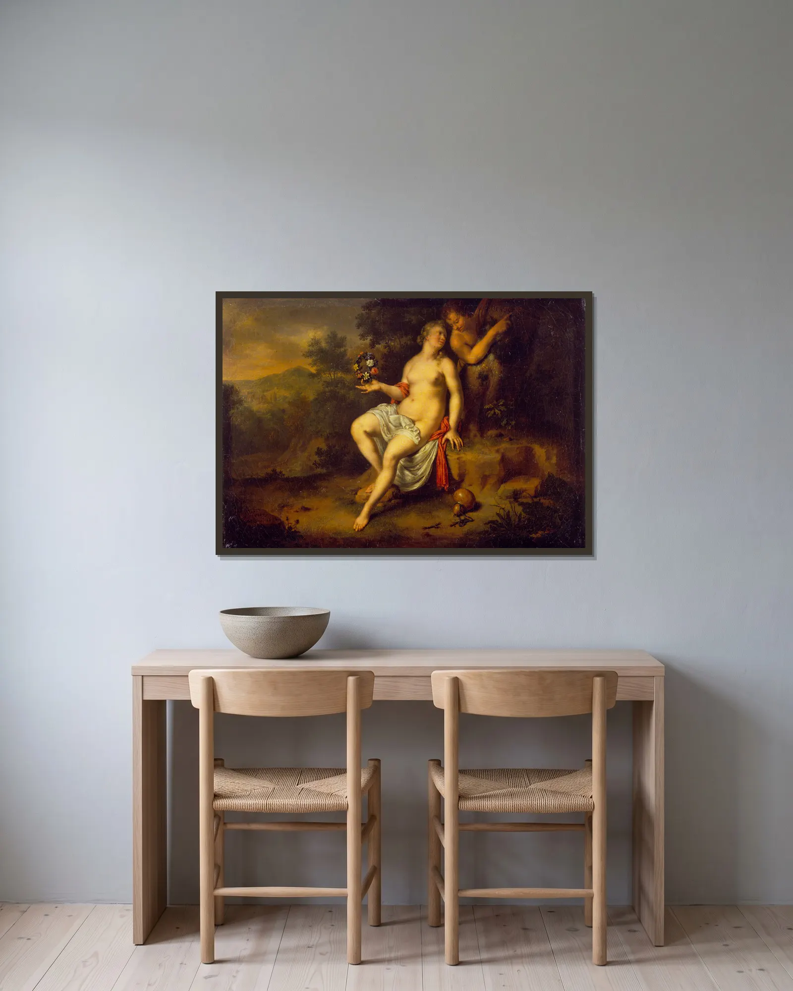 Paris and Oenone av Willem Van Mieris inramad på en vägg
