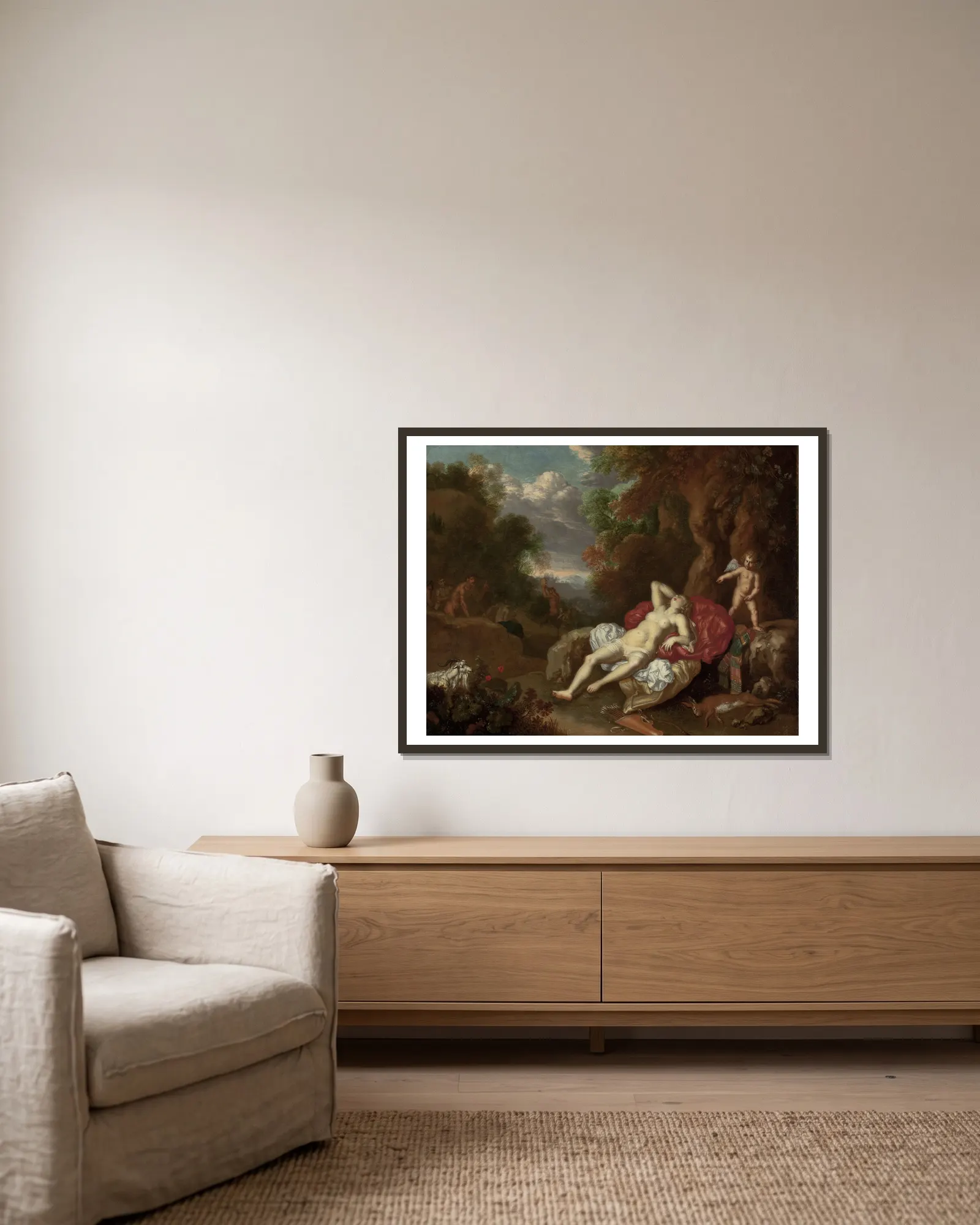 Sleeping Venus av Willem Van Mieris inramad på en vägg
