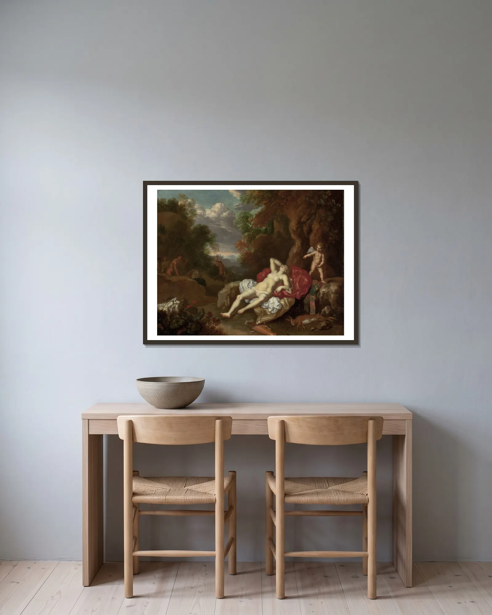 Sleeping Venus av Willem Van Mieris inramad på en vägg