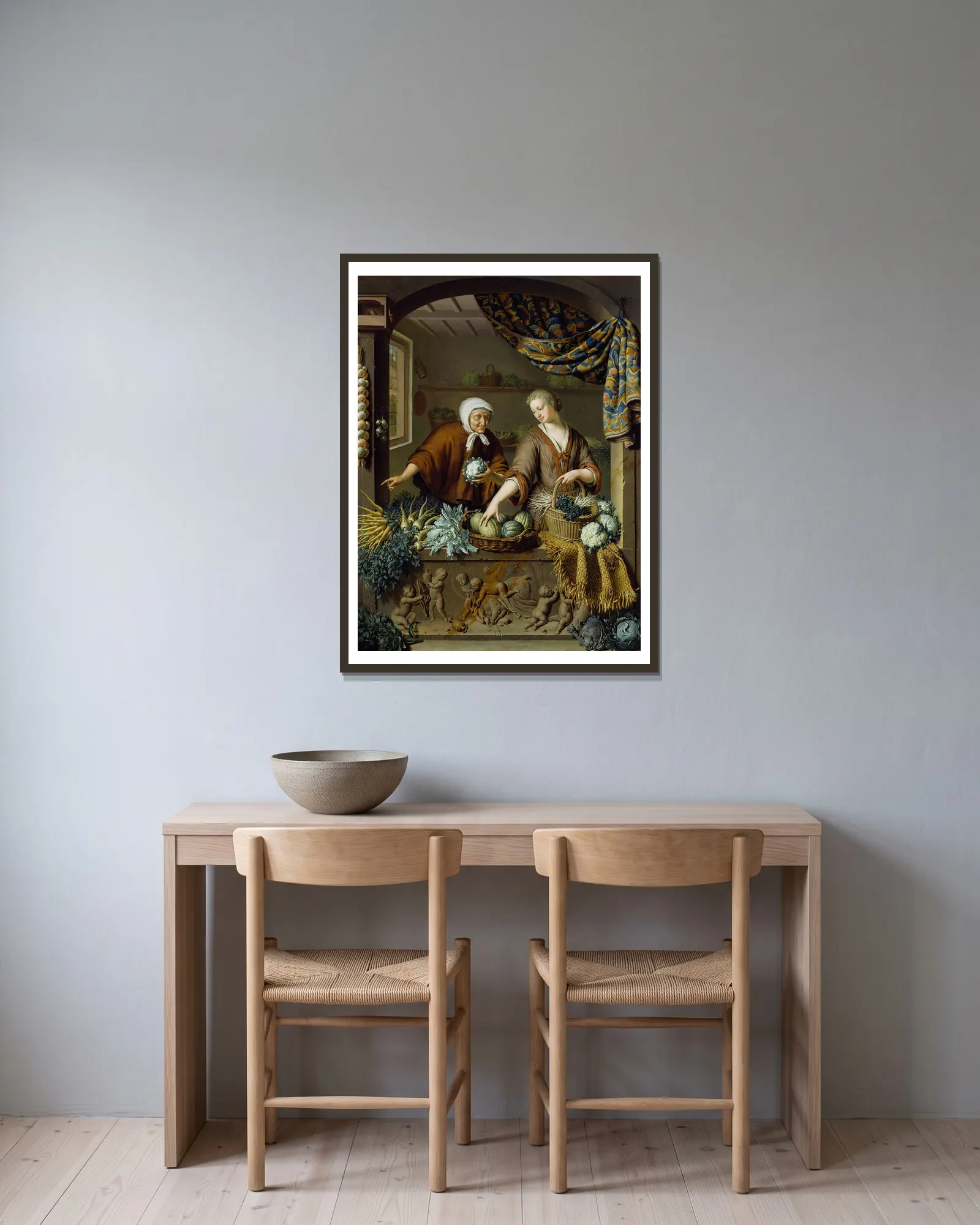 The Greengrocer av Willem Van Mieris inramad på en vägg