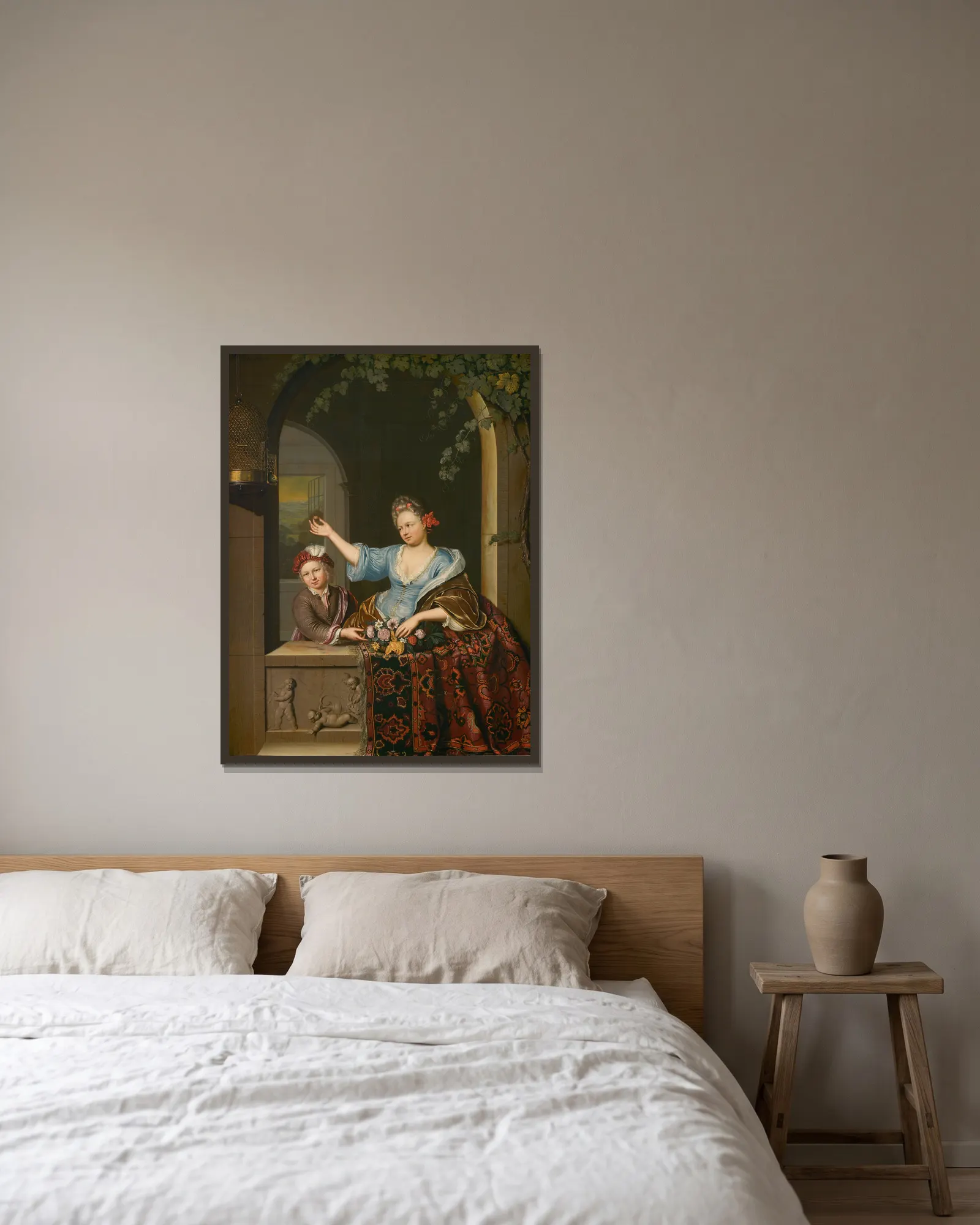Vrouw in balkon av Willem Van Mieris inramad på en vägg