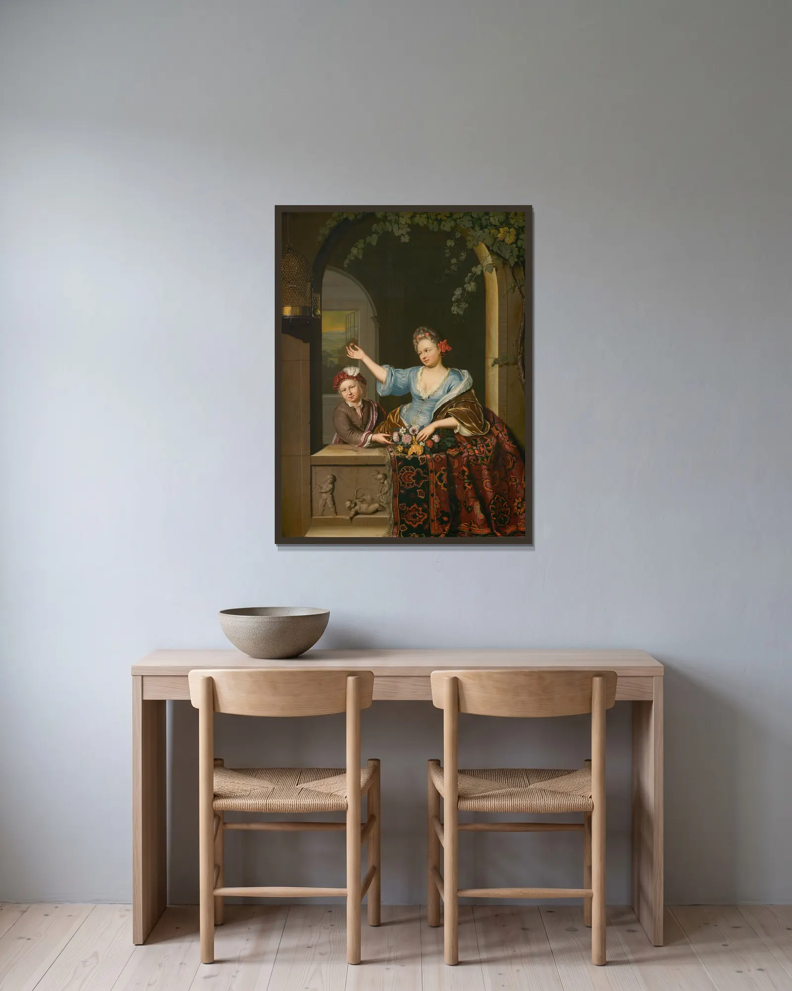 Vrouw in balkon av Willem Van Mieris inramad på en vägg