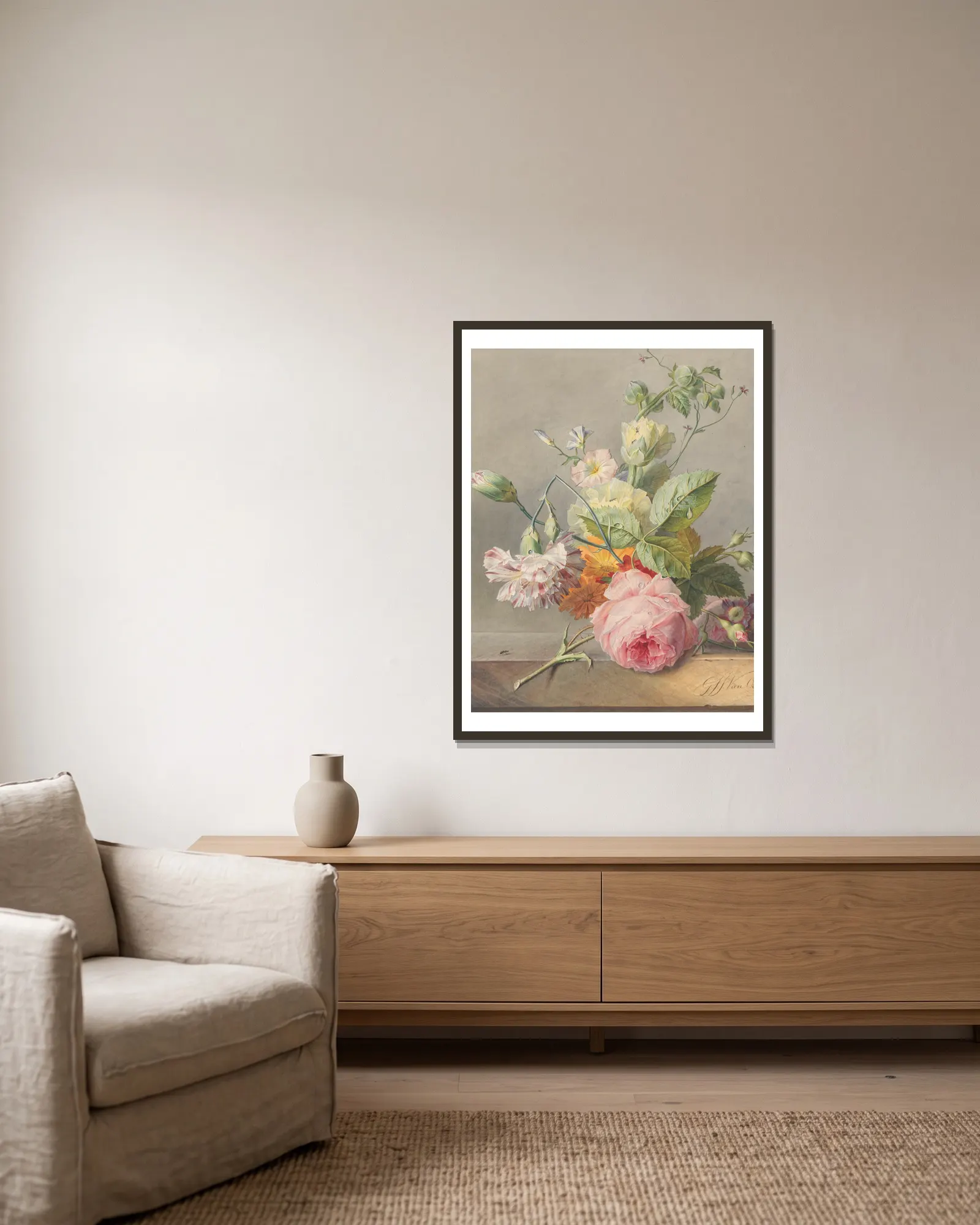 Floral Still Life av Georgius Jacobus Johannes van Os inramad på en vägg
