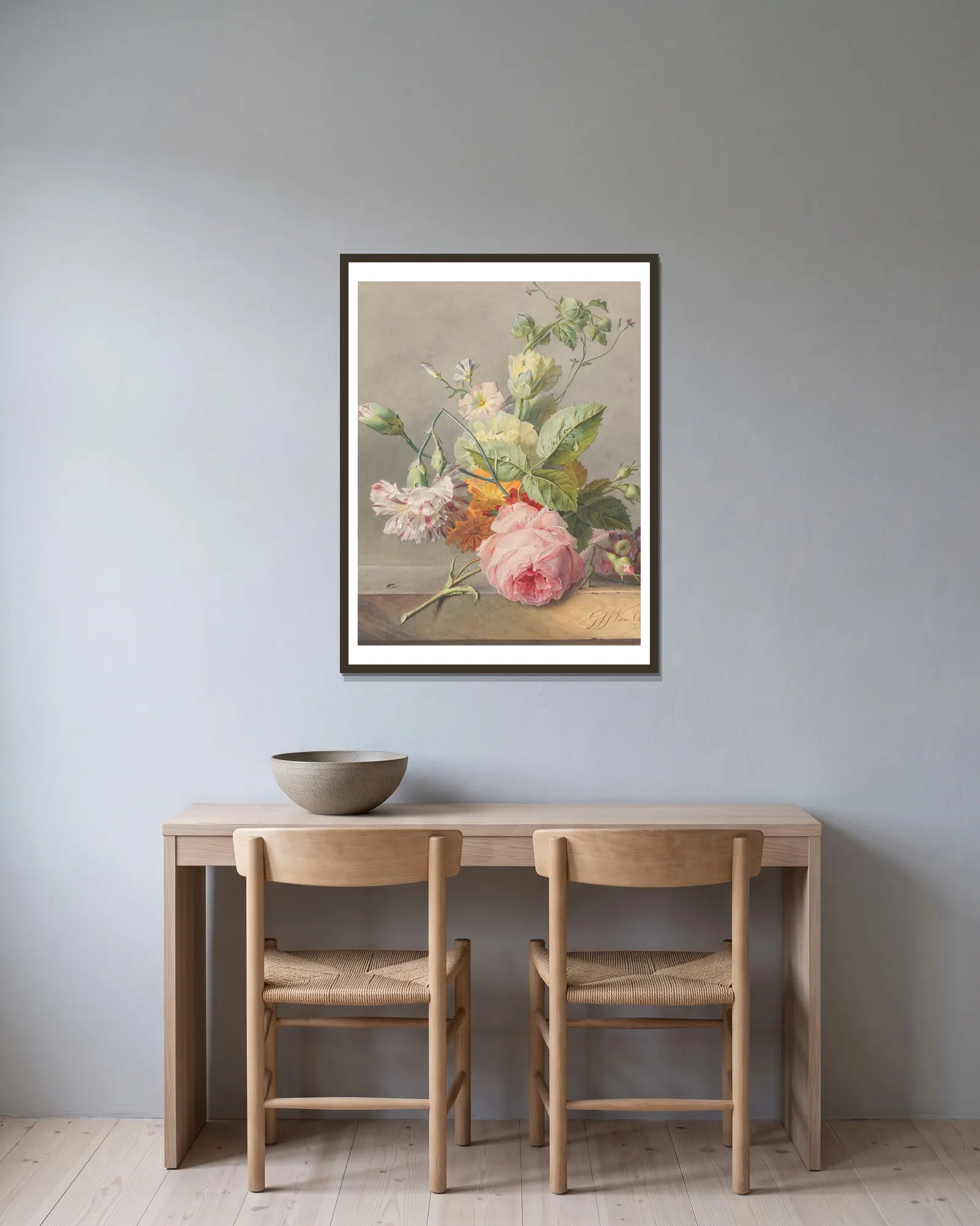 Floral Still Life av Georgius Jacobus Johannes van Os inramad på en vägg